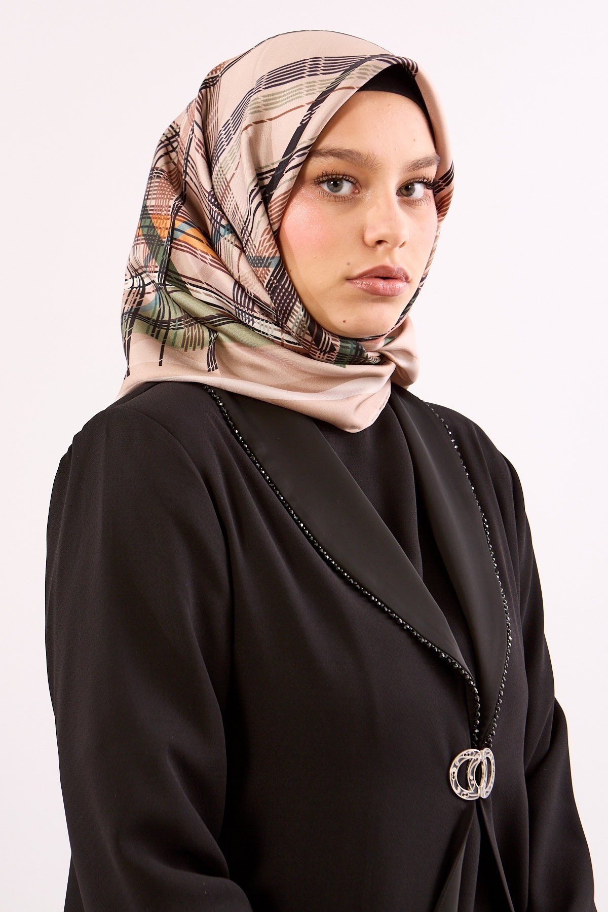 Dg11114 İpek Eşarp Twill Kumaş Çizgi Desen - Yeşil