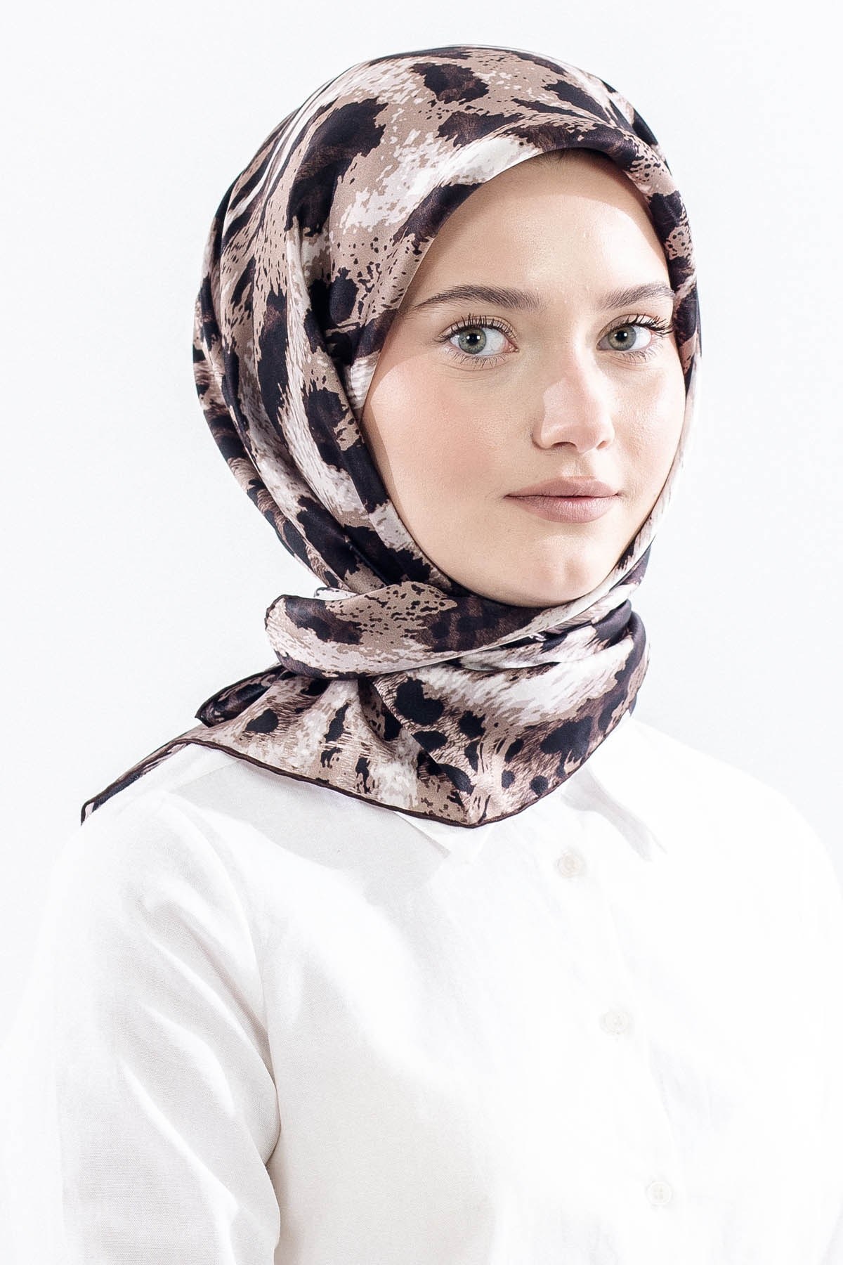 Dg11465 İpek Eşarp Twill Kumaş Leopar Desen - Kahve