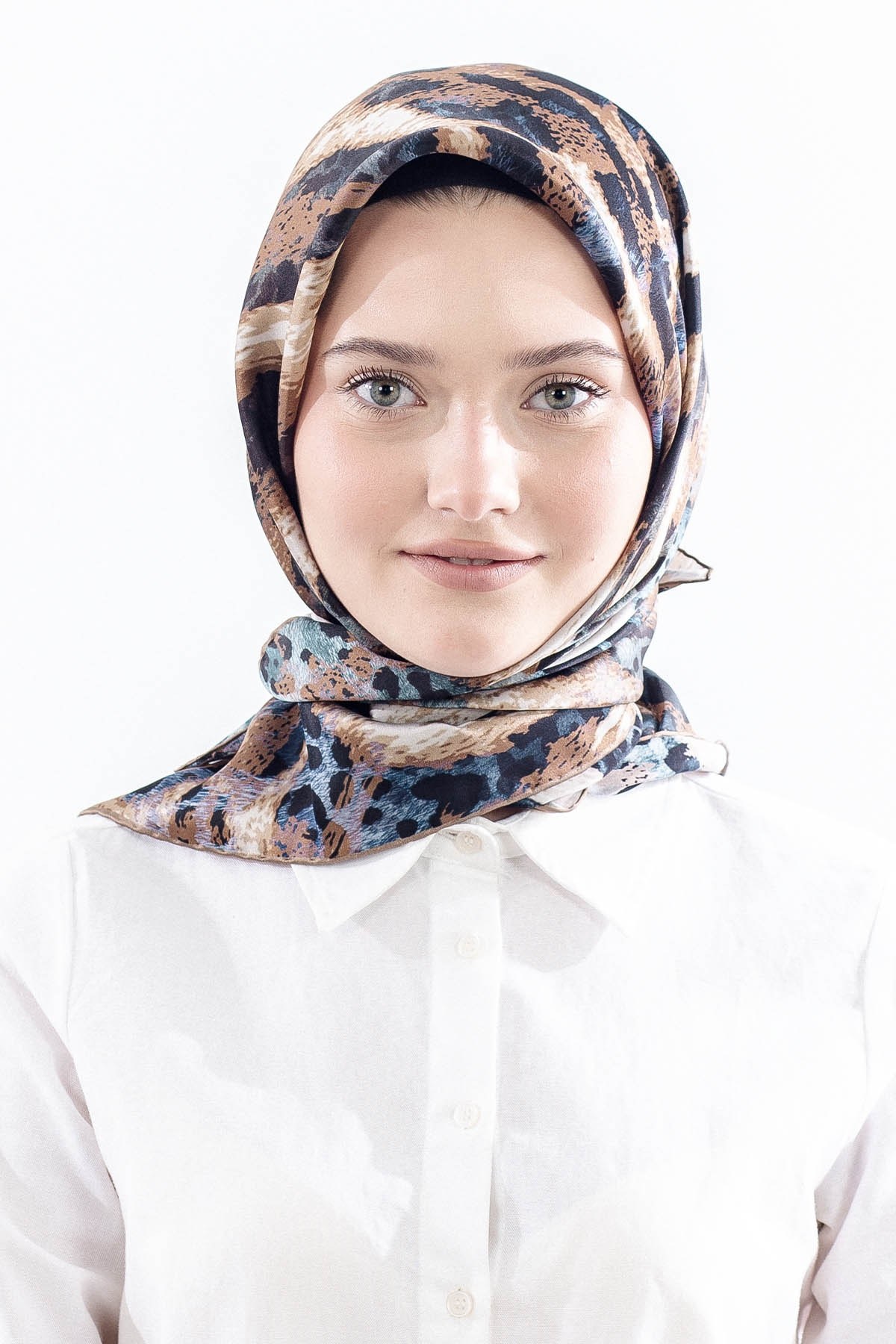 Dg11465 İpek Eşarp Twill Kumaş Leopar Desen - Mavi