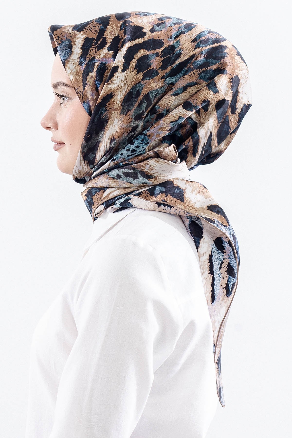 Dg11465 İpek Eşarp Twill Kumaş Leopar Desen - Mavi