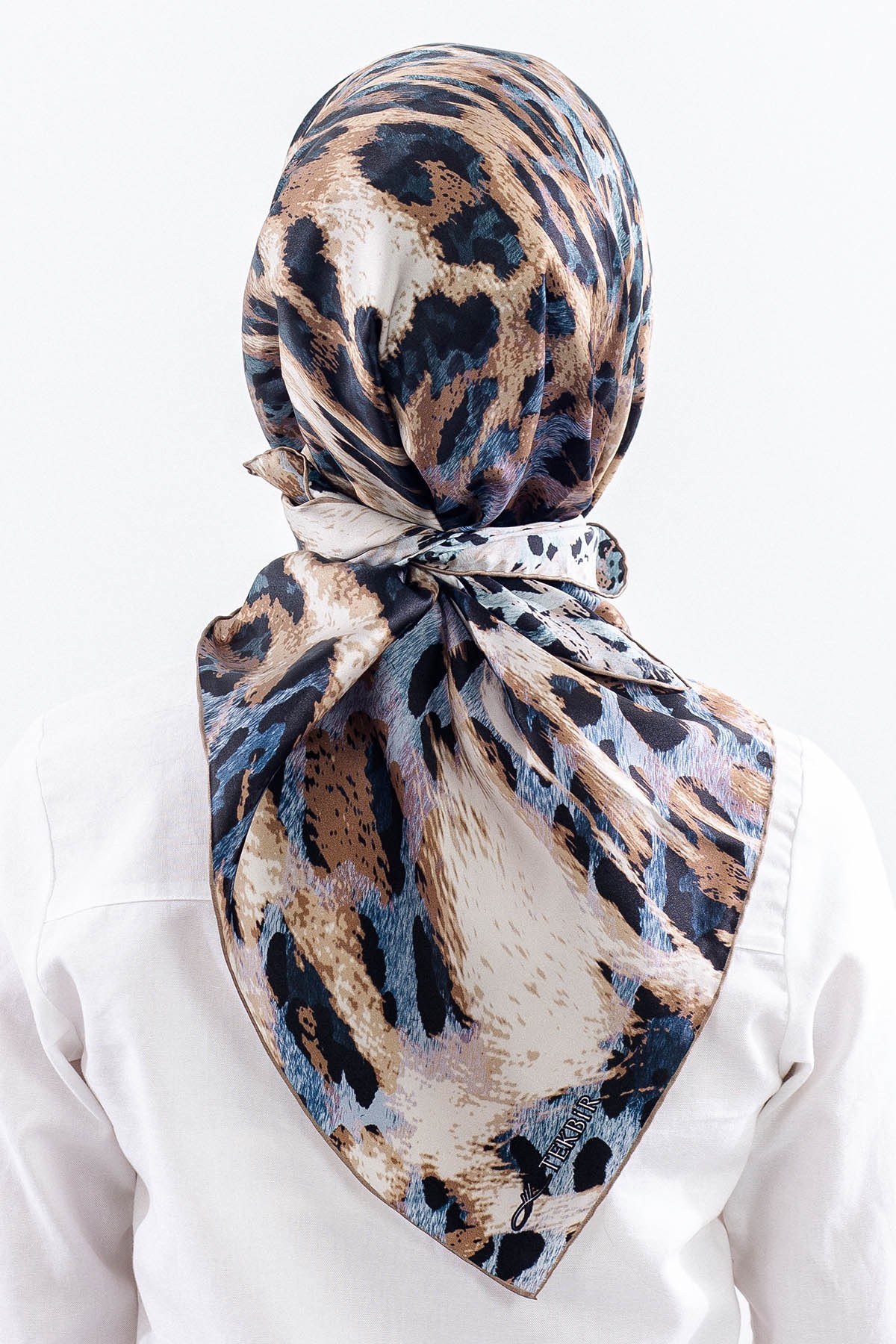 Dg11465 İpek Eşarp Twill Kumaş Leopar Desen - Mavi