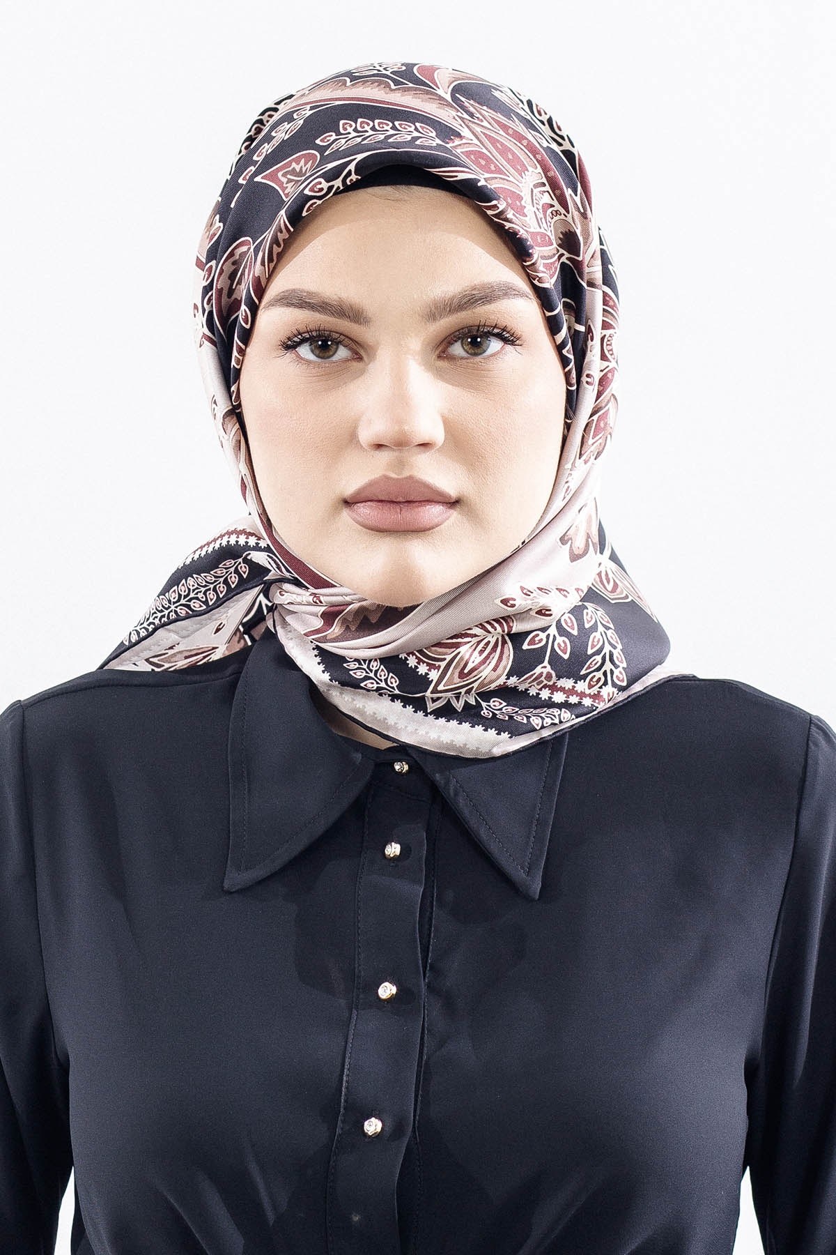 Dg12512 İpek Eşarp Twill Kumaş Şal Desen - Siyah