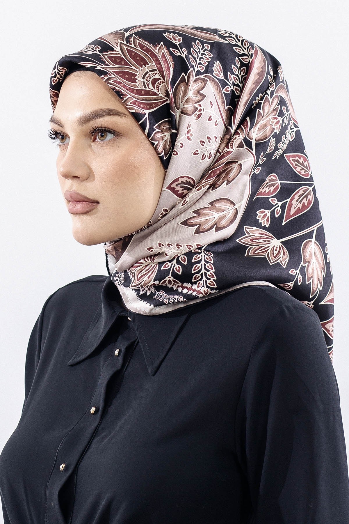 Dg12512 İpek Eşarp Twill Kumaş Şal Desen - Siyah