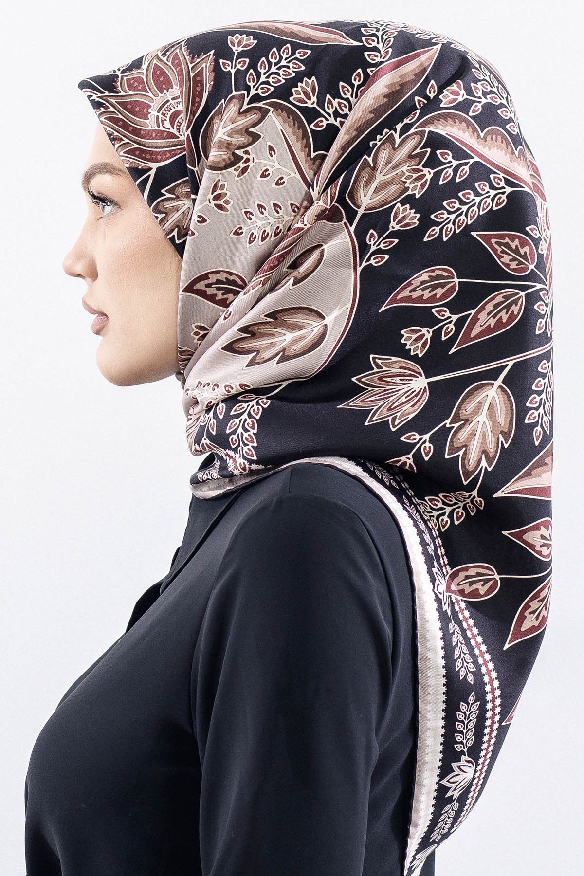 Dg12512 İpek Eşarp Twill Kumaş Şal Desen - Siyah