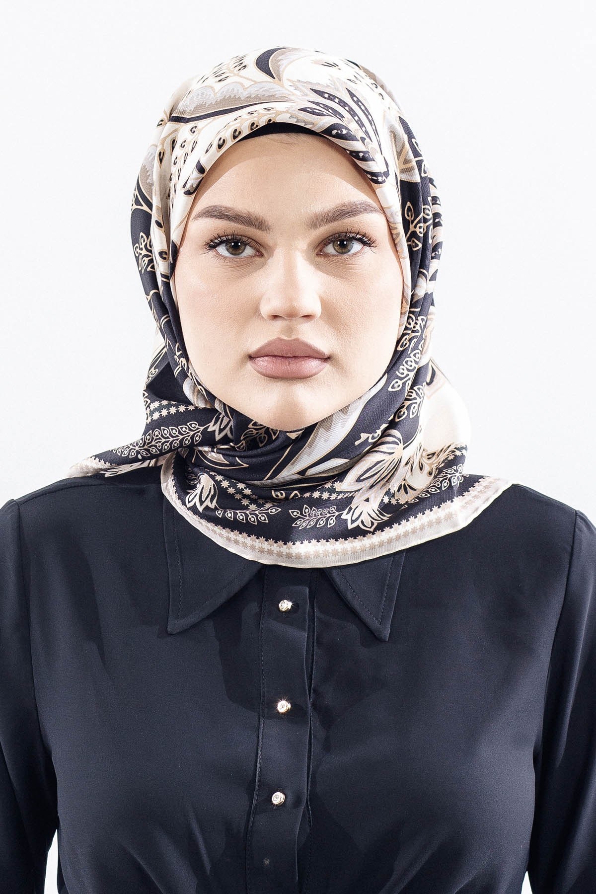 Dg12512 İpek Eşarp Twill Kumaş Şal Desen - Siyah Beyaz