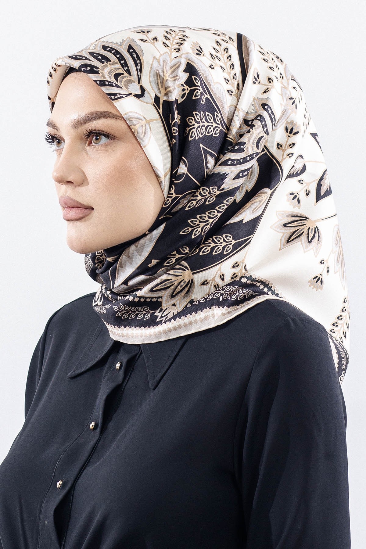 Dg12512 İpek Eşarp Twill Kumaş Şal Desen - Siyah Beyaz