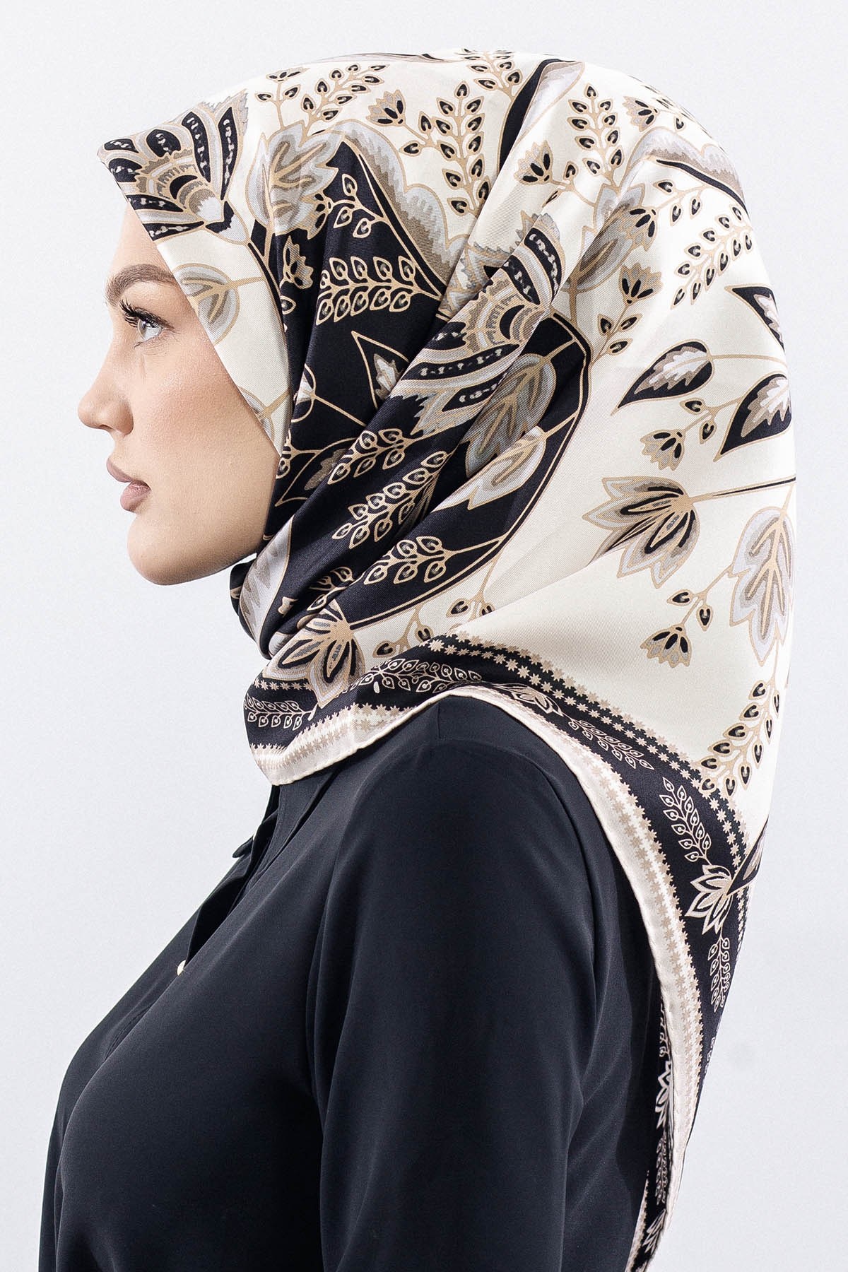 Dg12512 İpek Eşarp Twill Kumaş Şal Desen - Siyah Beyaz