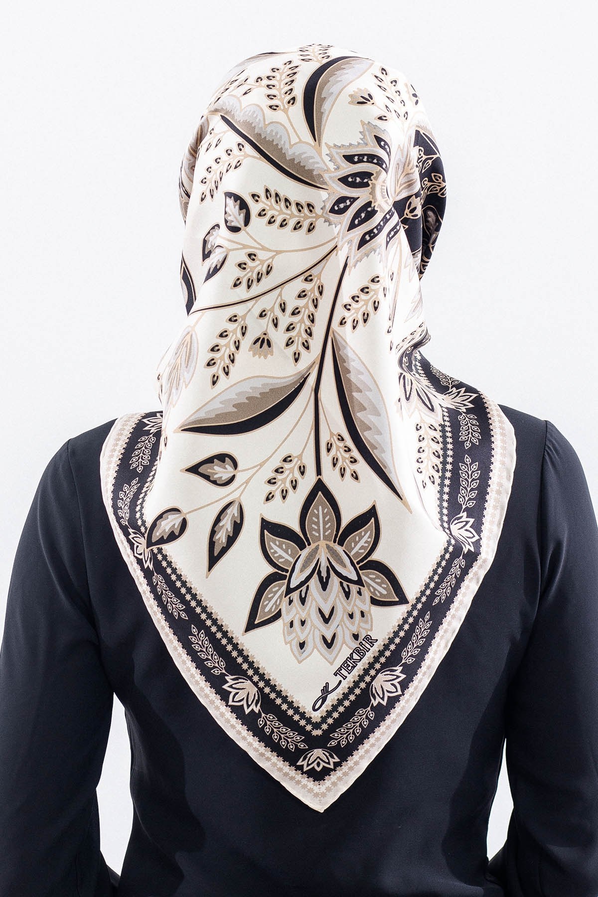 Dg12512 İpek Eşarp Twill Kumaş Şal Desen - Siyah Beyaz