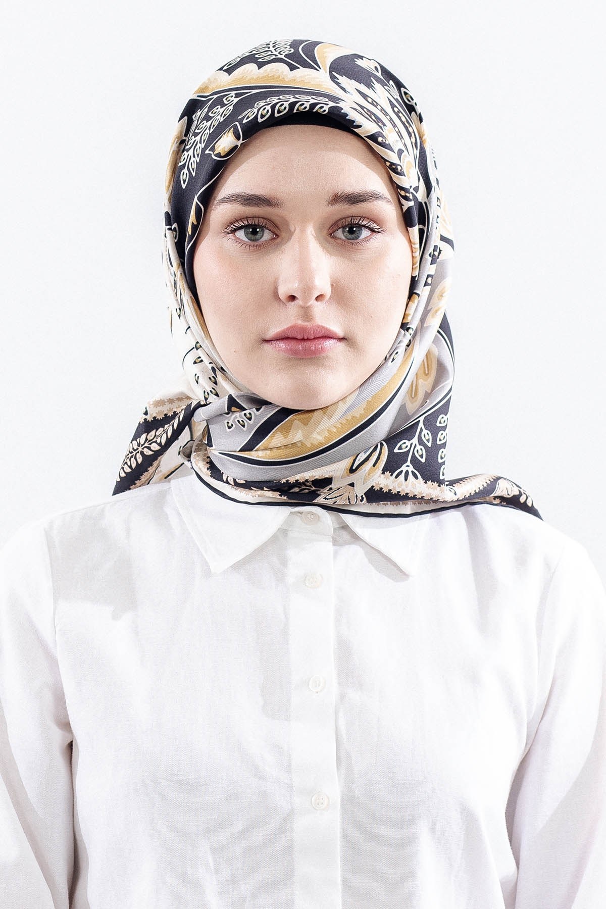 Dg12512 İpek Eşarp Twill Kumaş Şal Desen - Siyah Krem