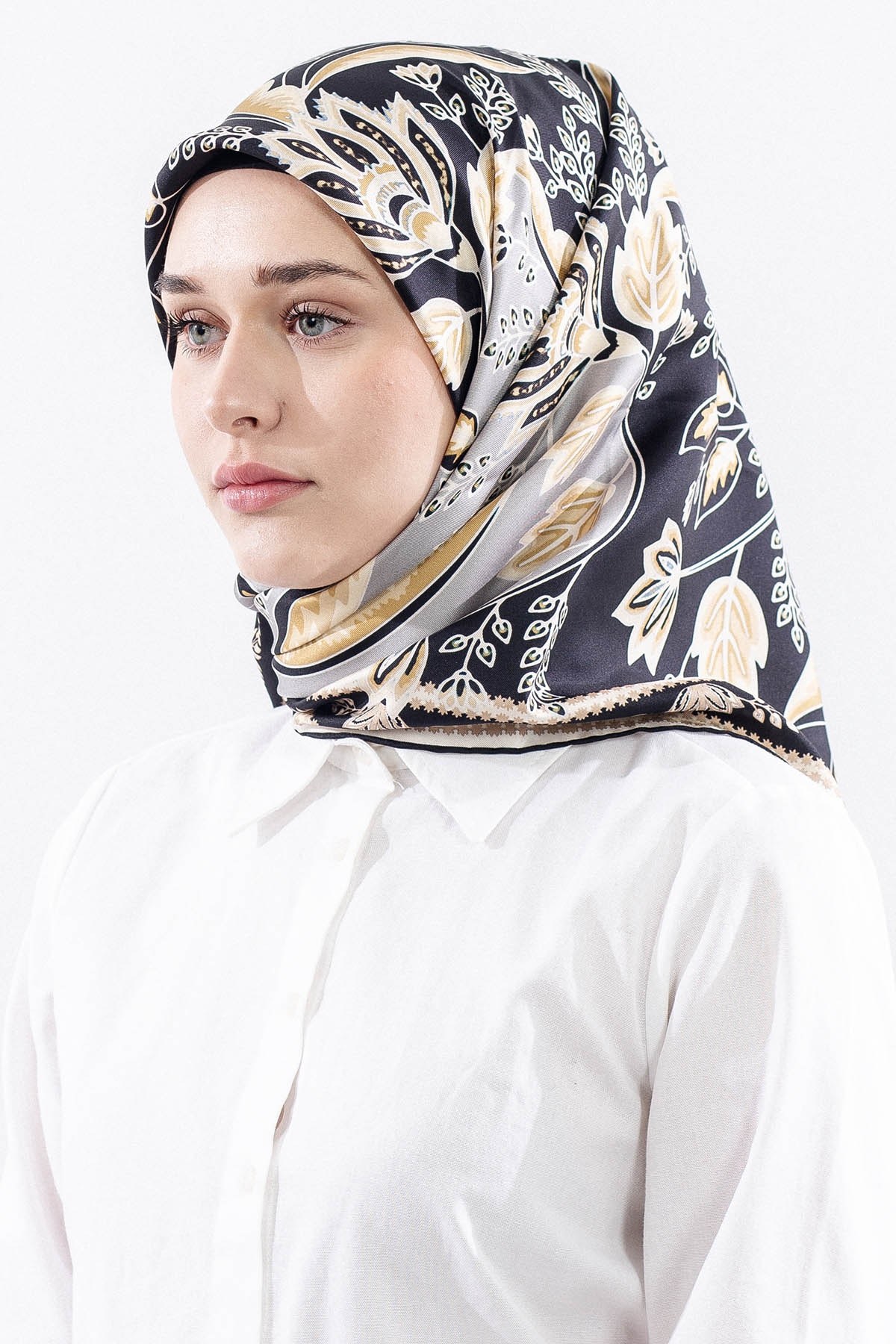Dg12512 İpek Eşarp Twill Kumaş Şal Desen - Siyah Krem