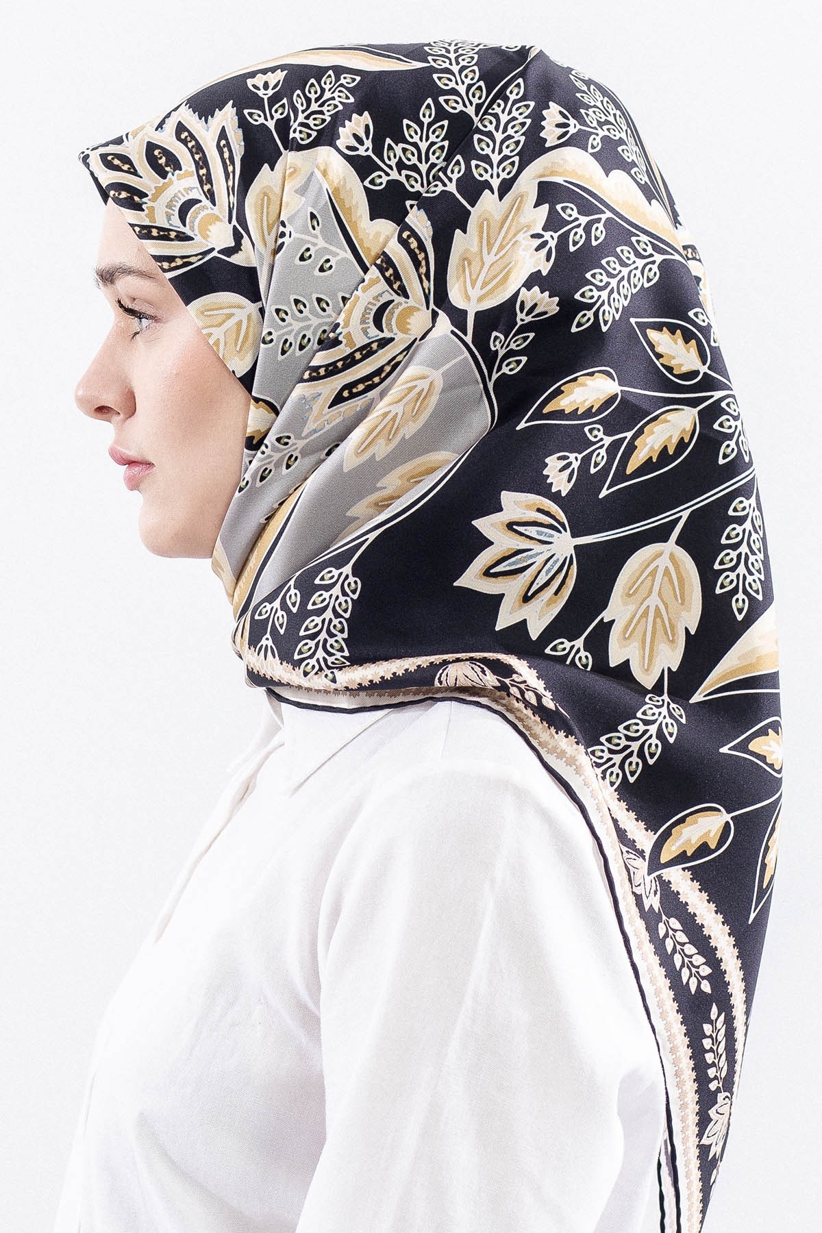 Dg12512 İpek Eşarp Twill Kumaş Şal Desen - Siyah Krem