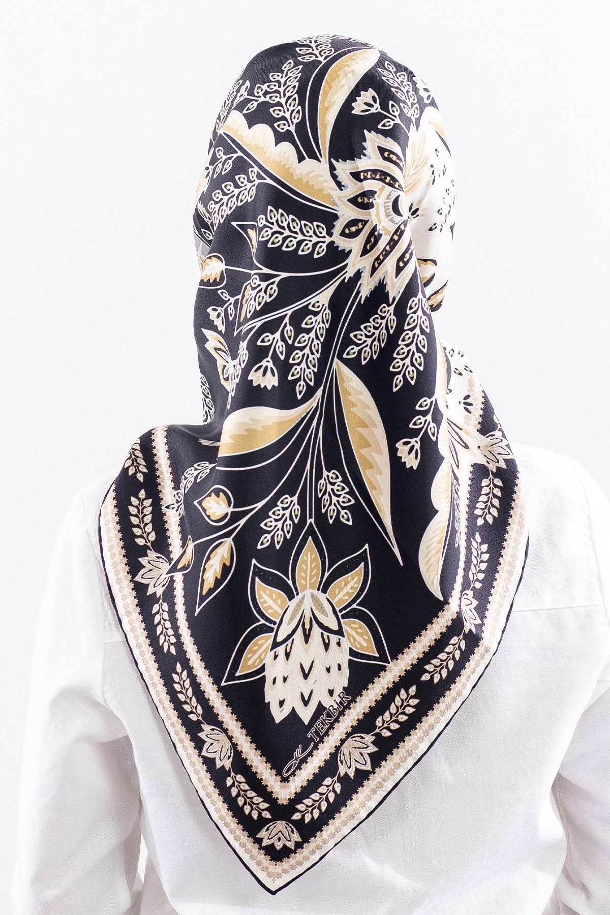 Dg12512 İpek Eşarp Twill Kumaş Şal Desen - Siyah Krem