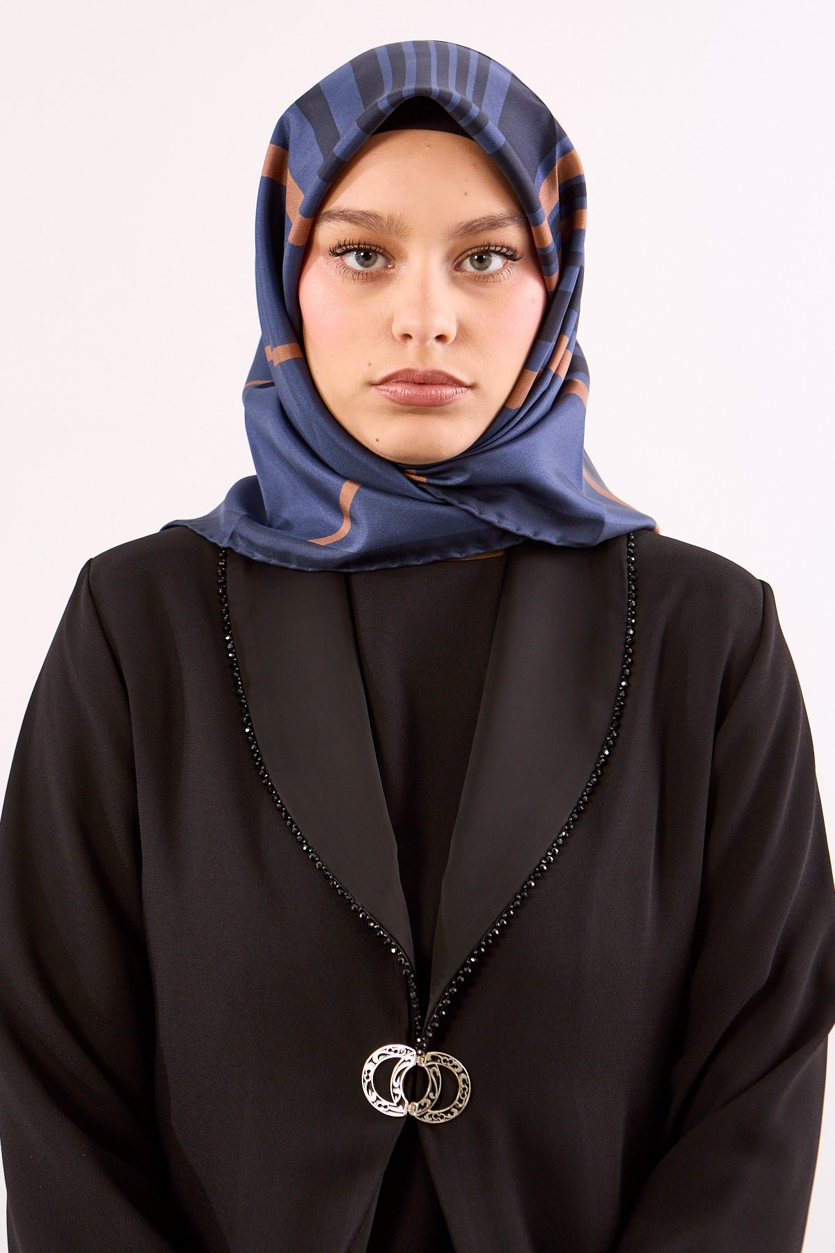 Dg13139 İpek Eşarp Twill Kumaş Çizgi Desen - Lacivert Vizon