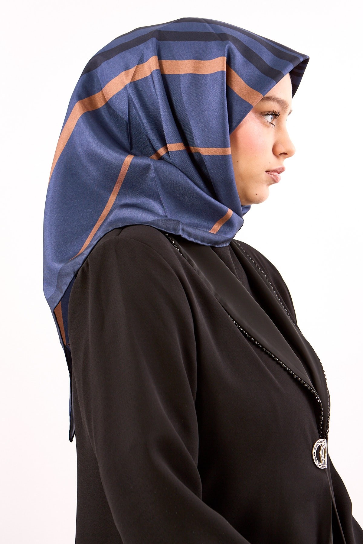 Dg13139 İpek Eşarp Twill Kumaş Çizgi Desen - Lacivert Vizon