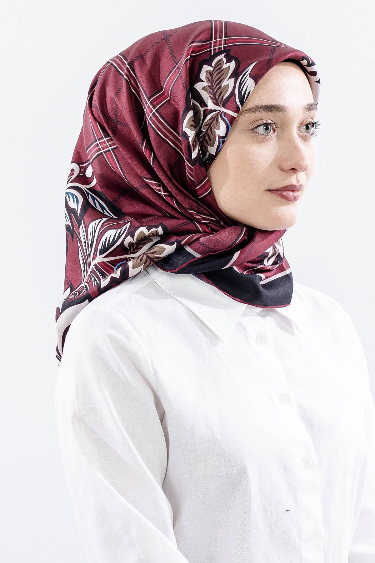 Dg14815 İpek Eşarp Kare Yaprak Twill Kumaş - Bordo