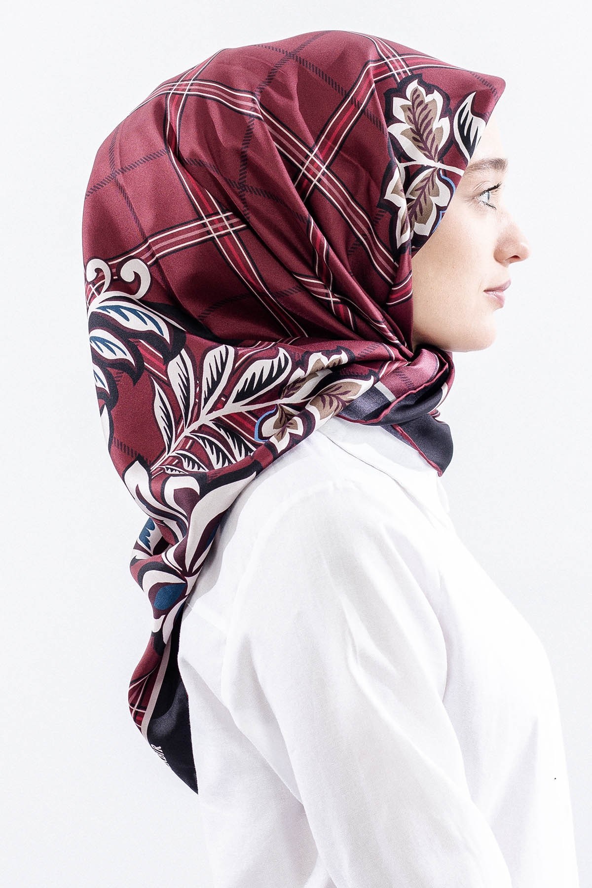 Dg14815 İpek Eşarp Kare Yaprak Twill Kumaş - Bordo