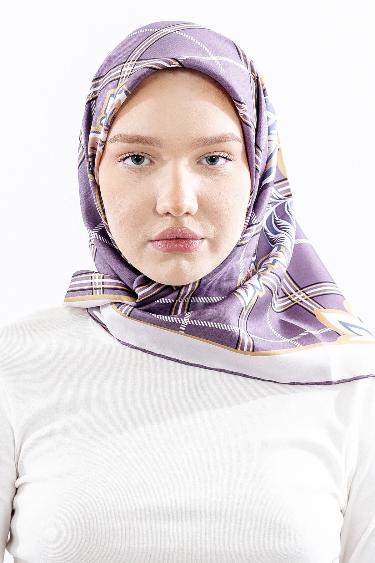 Dg14815 İpek Eşarp Kare Yaprak Twill Kumaş - Lila