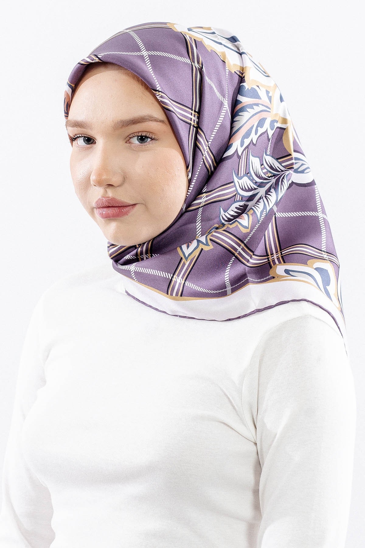 Dg14815 İpek Eşarp Kare Yaprak Twill Kumaş - Lila