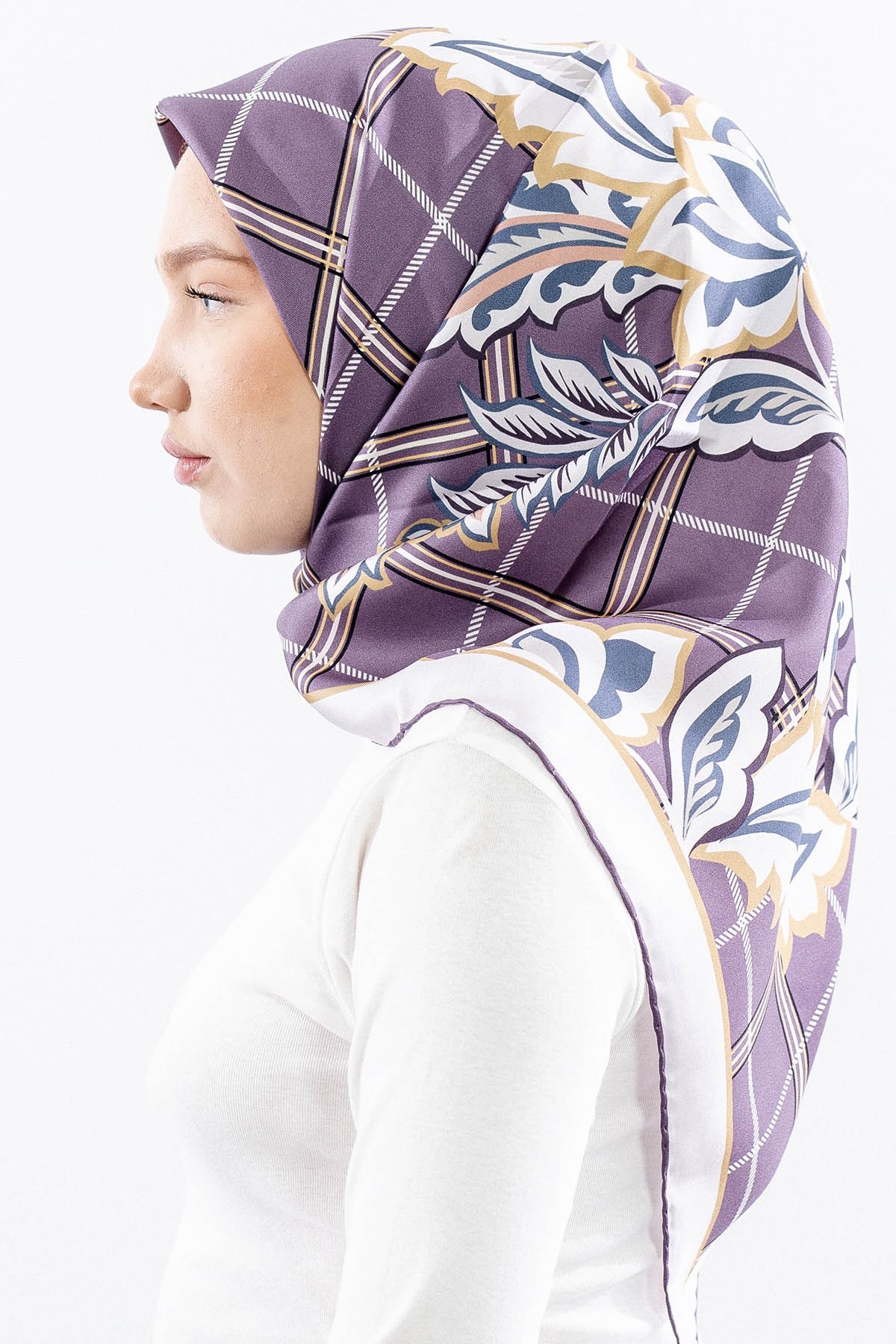 Dg14815 İpek Eşarp Kare Yaprak Twill Kumaş - Lila