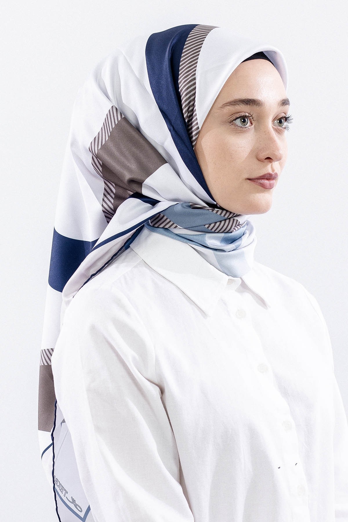 Dg14816 Eşarp Polyester Kumaş Çizgi - Taş Lacivert
