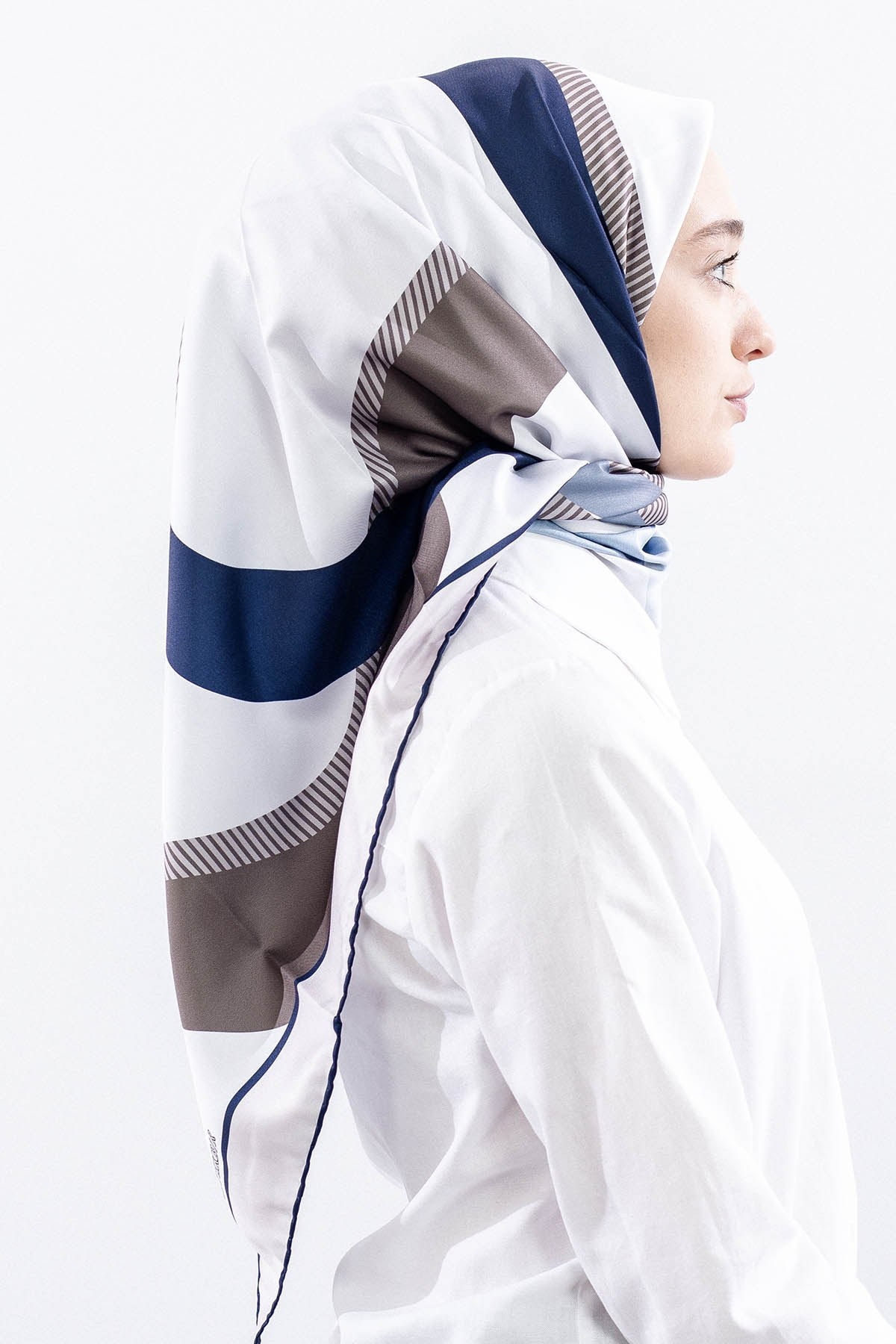 Dg14816 Eşarp Polyester Kumaş Çizgi - Taş Lacivert
