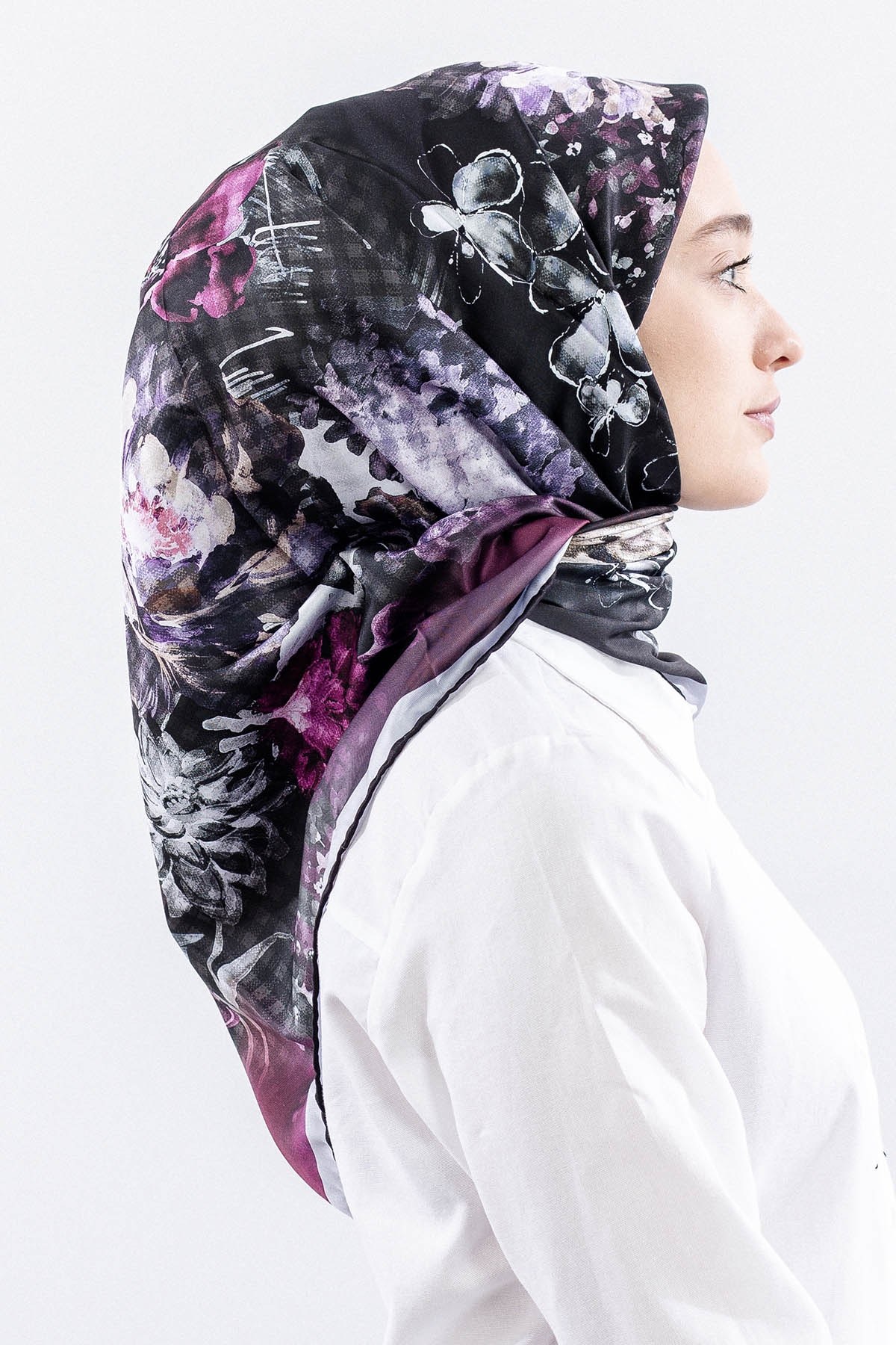 Dg14823 Eşarp Polyester Kumaş Çiçek Kare - Gri Pudra