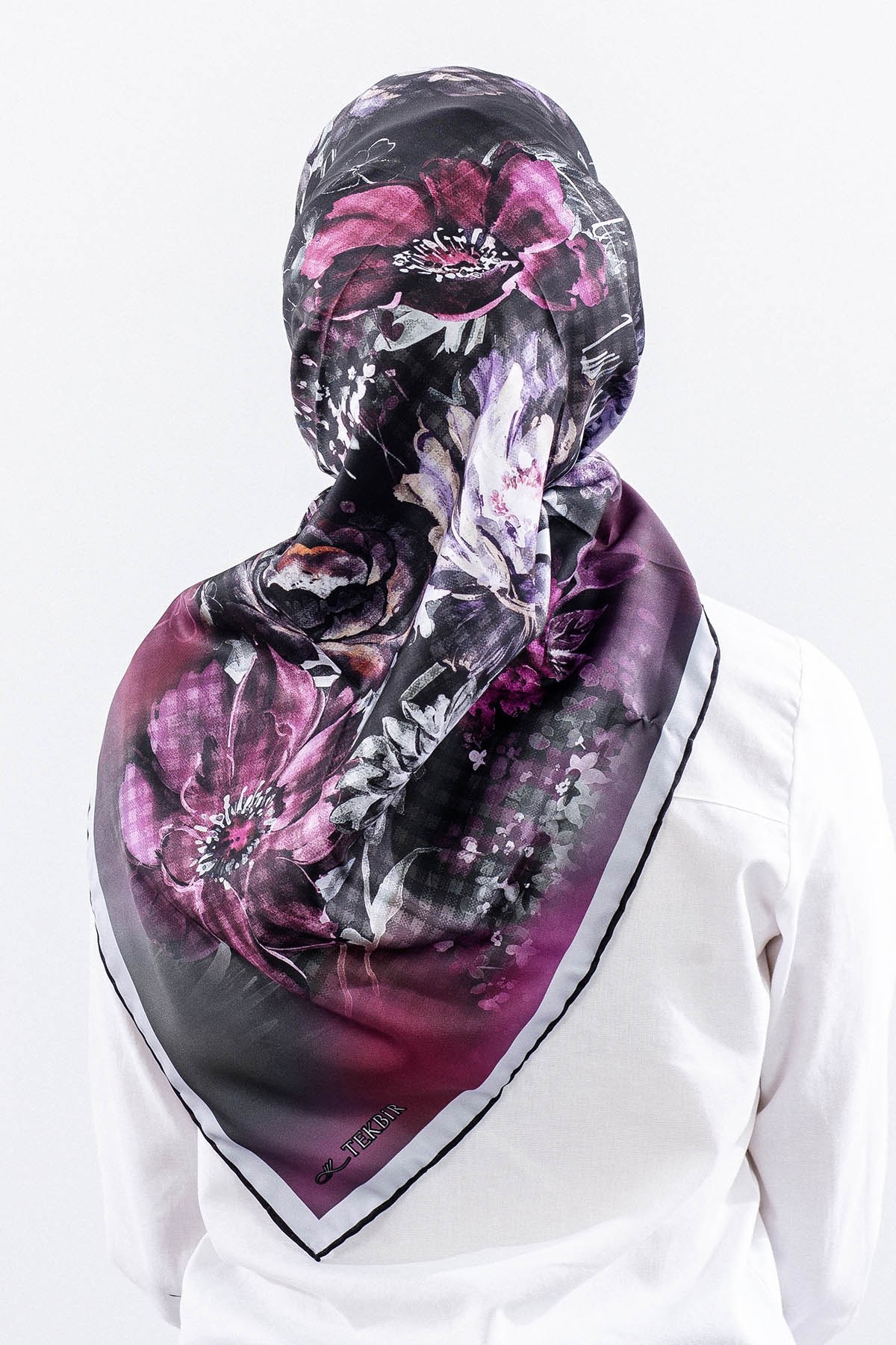 Dg14823 Eşarp Polyester Kumaş Çiçek Kare - Gri Pudra