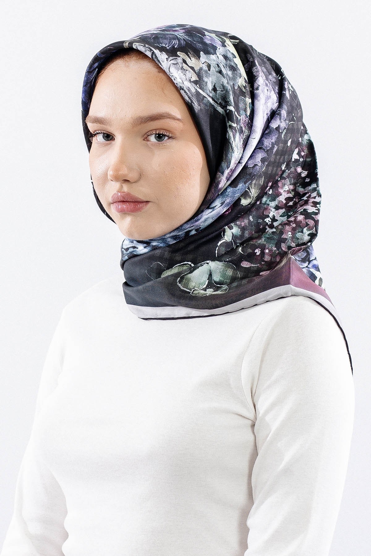 Dg14823 Eşarp Polyester Kumaş Çiçek Kare - Haki