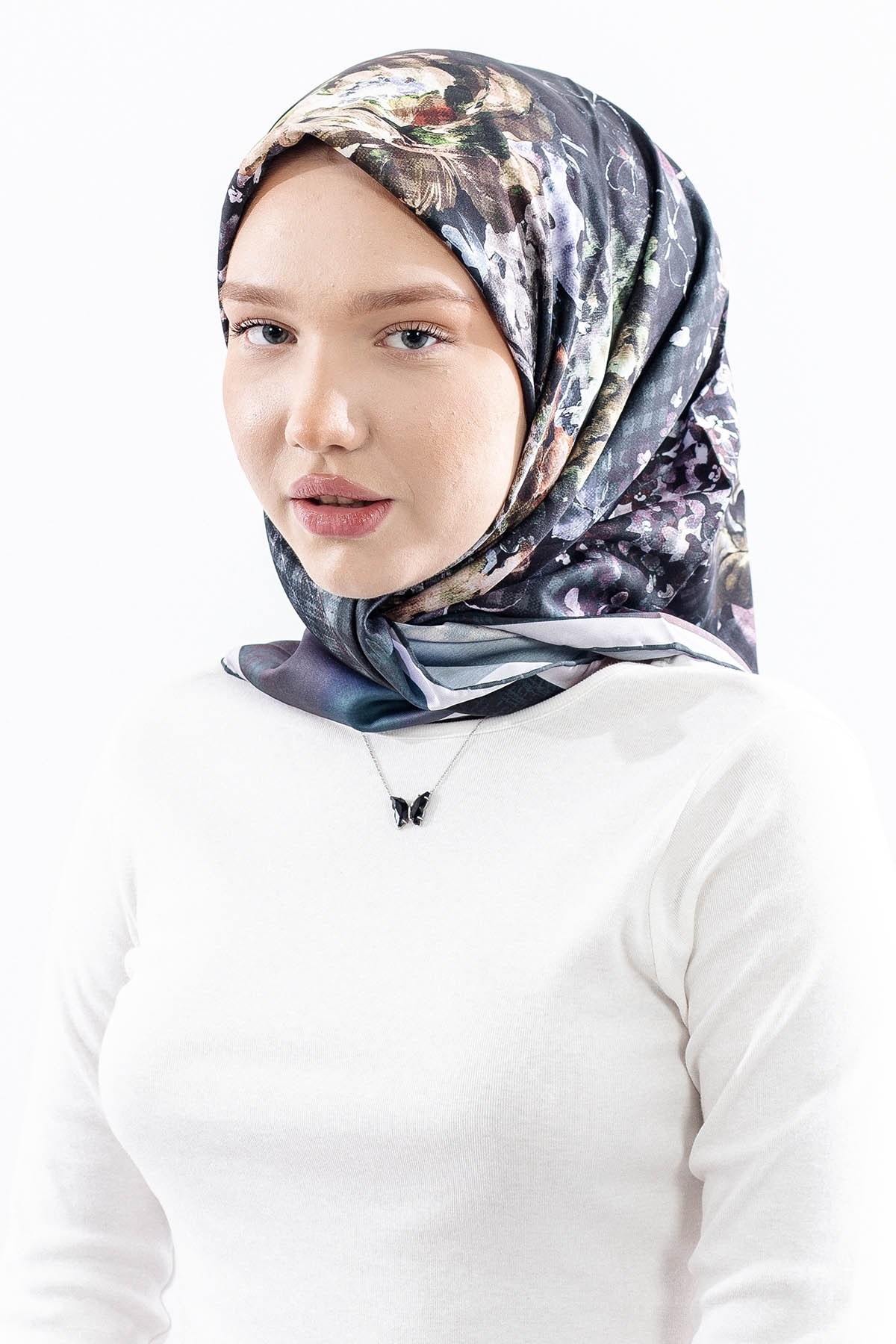 Dg14823 Eşarp Polyester Kumaş Çiçek Kare - Petrol