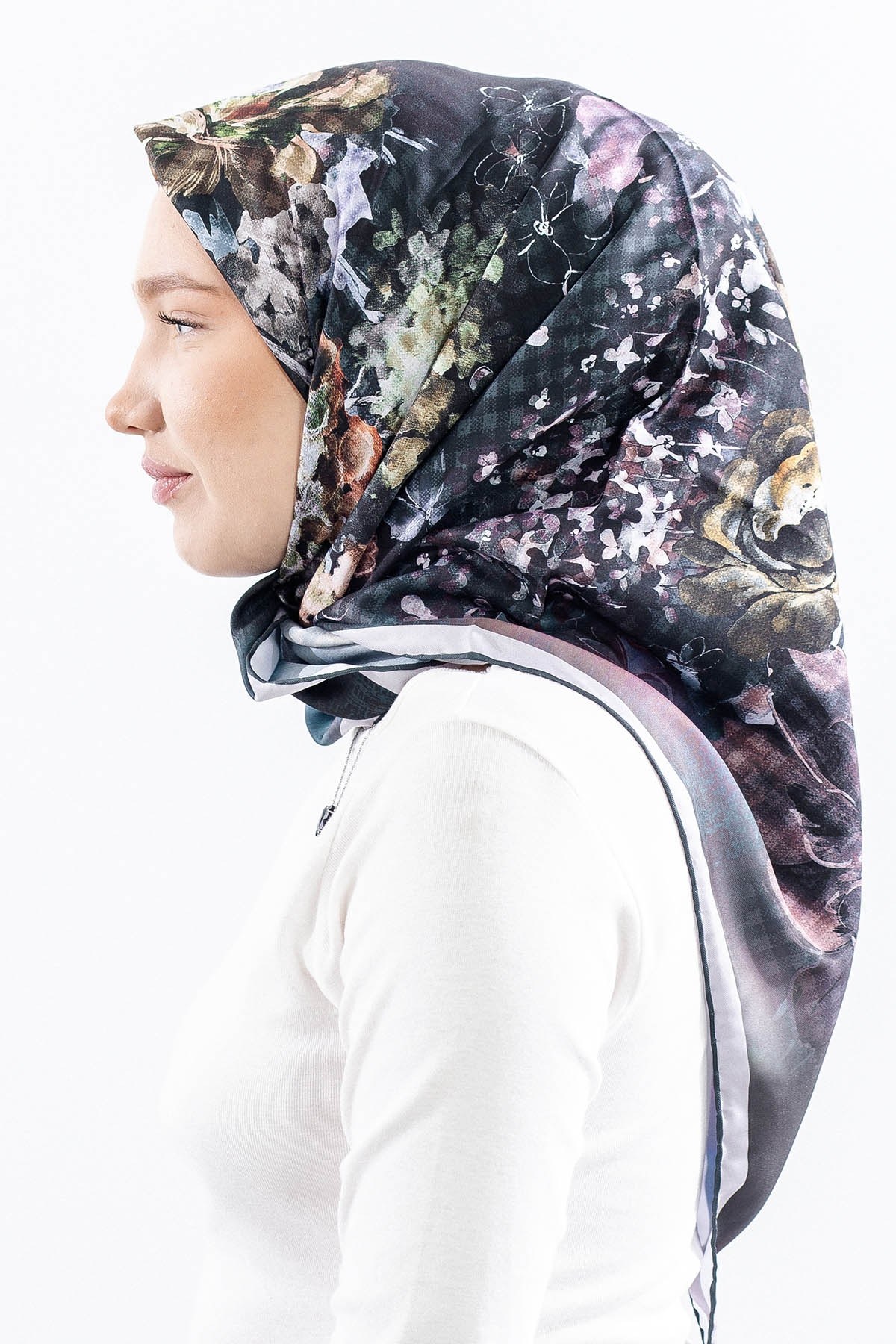Dg14823 Eşarp Polyester Kumaş Çiçek Kare - Petrol