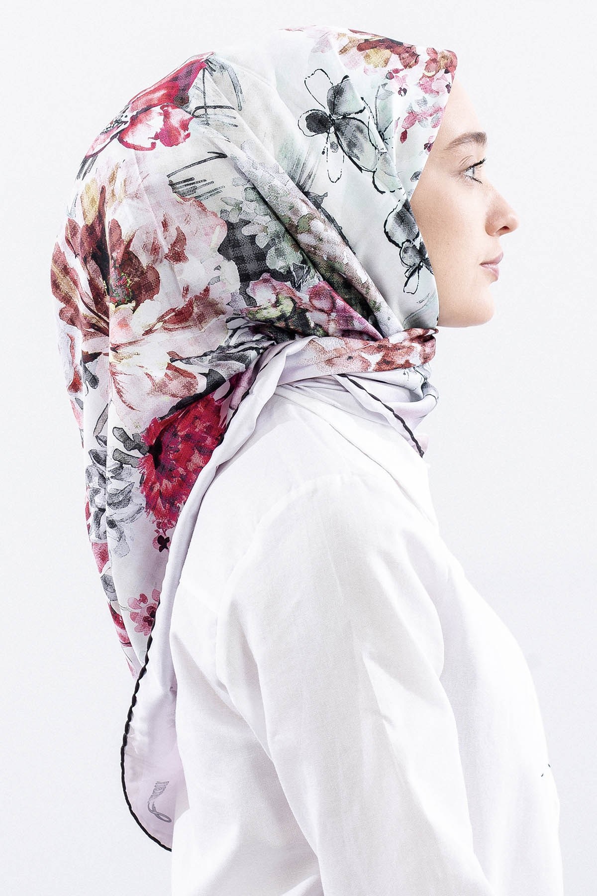 Dg14823 Eşarp Polyester Kumaş Çiçek Kare - Pudra