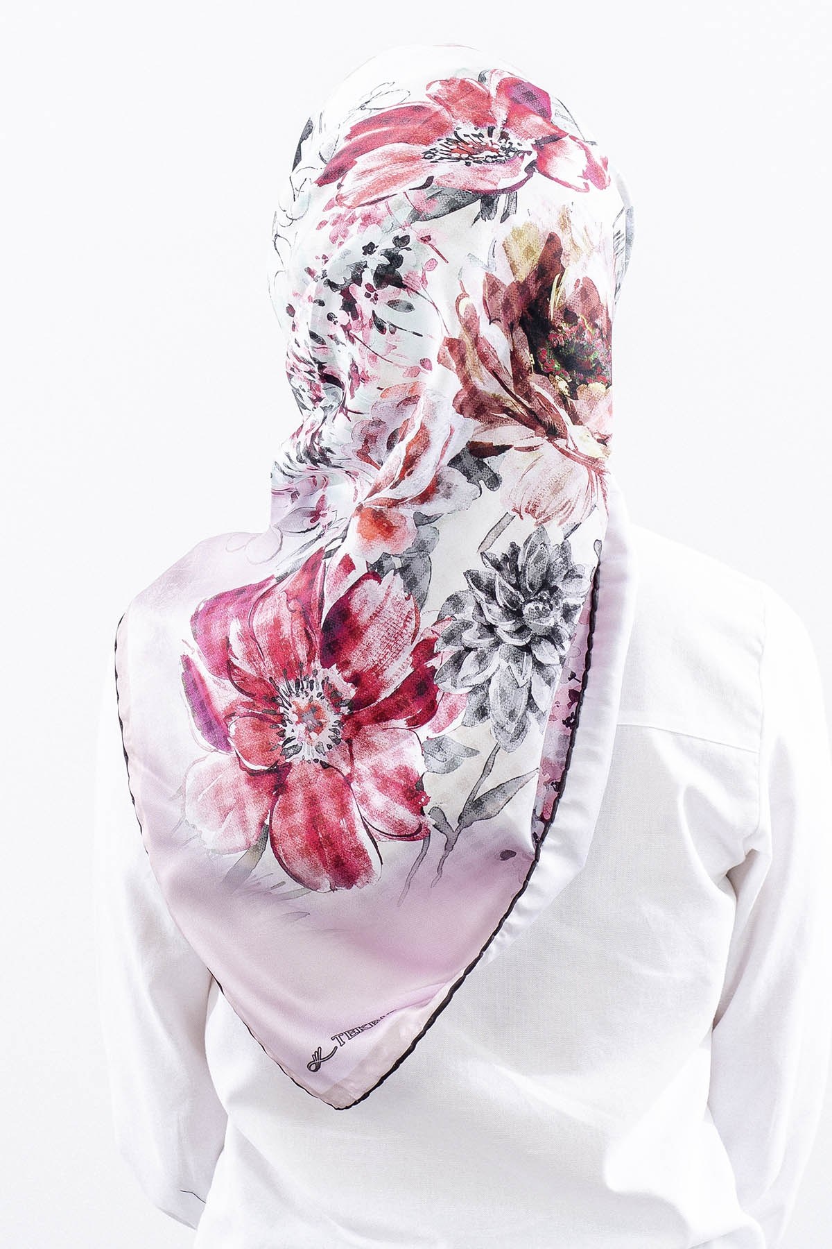 Dg14823 Eşarp Polyester Kumaş Çiçek Kare - Pudra