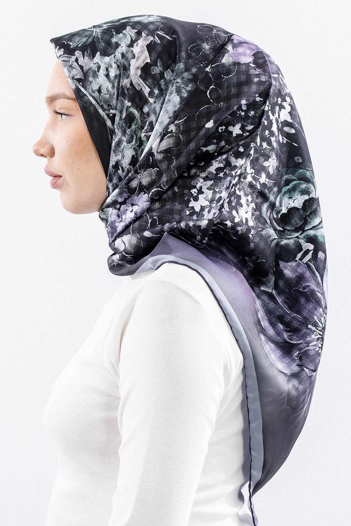 Dg14823 Eşarp Polyester Kumaş Çiçek Kare - Siyah
