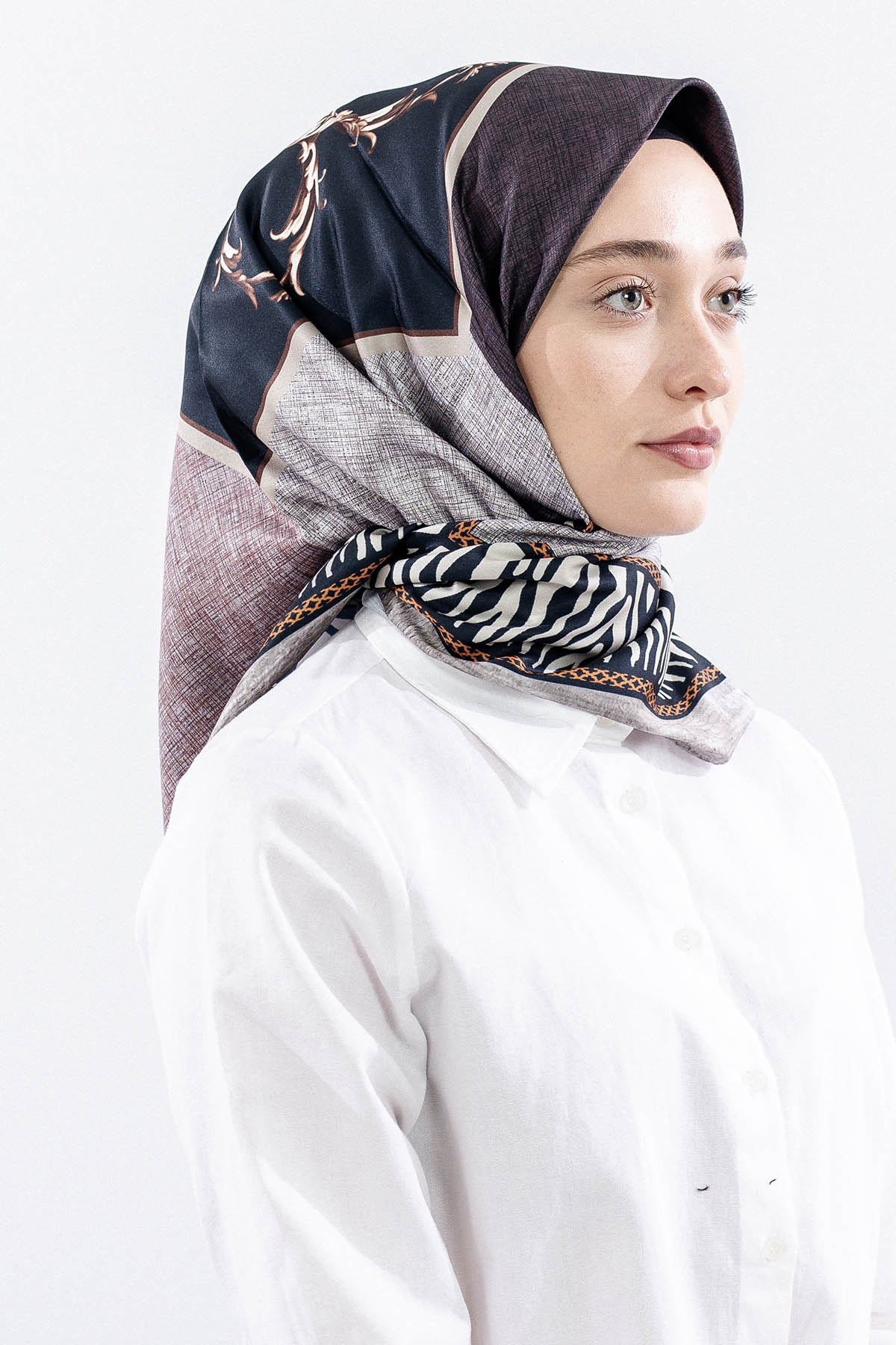 Dg14824 Eşarp Polyester Kumaş Zincir Desen - Kahve