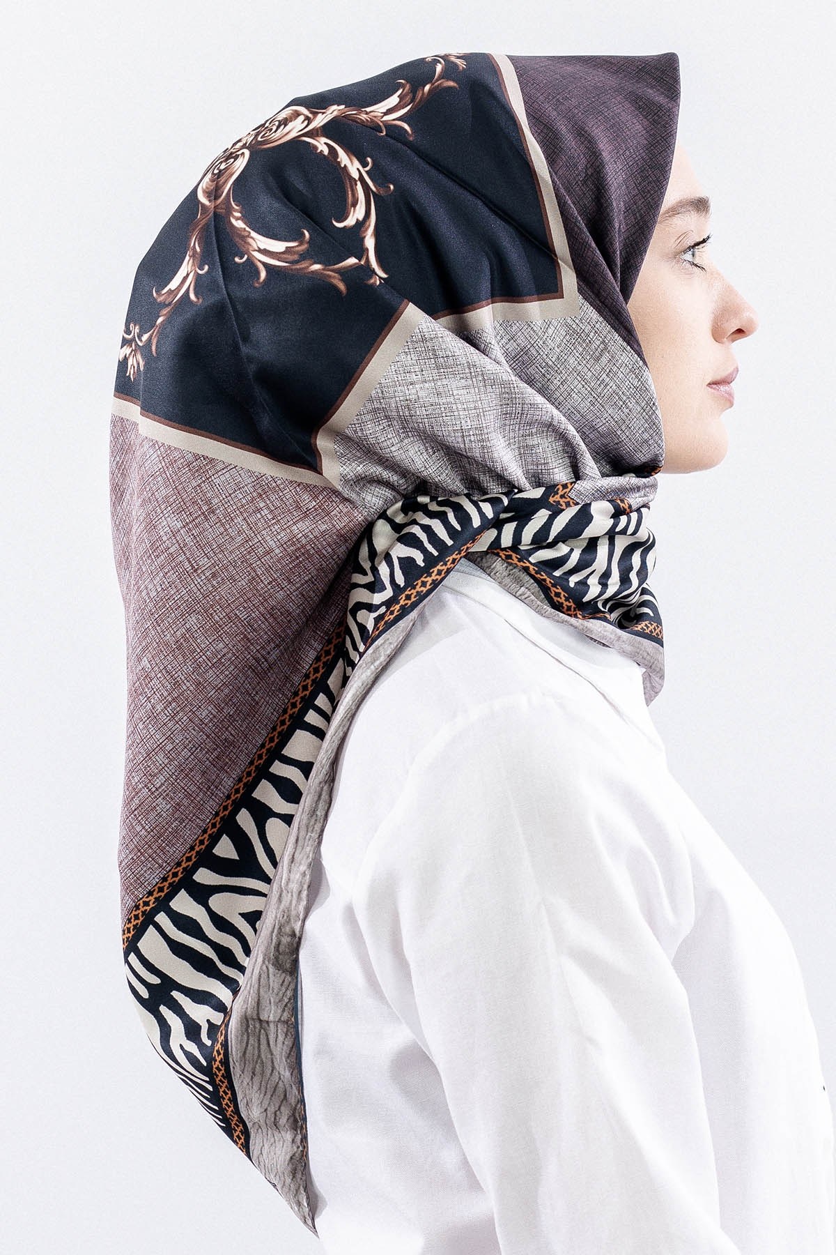 Dg14824 Eşarp Polyester Kumaş Zincir Desen - Kahve
