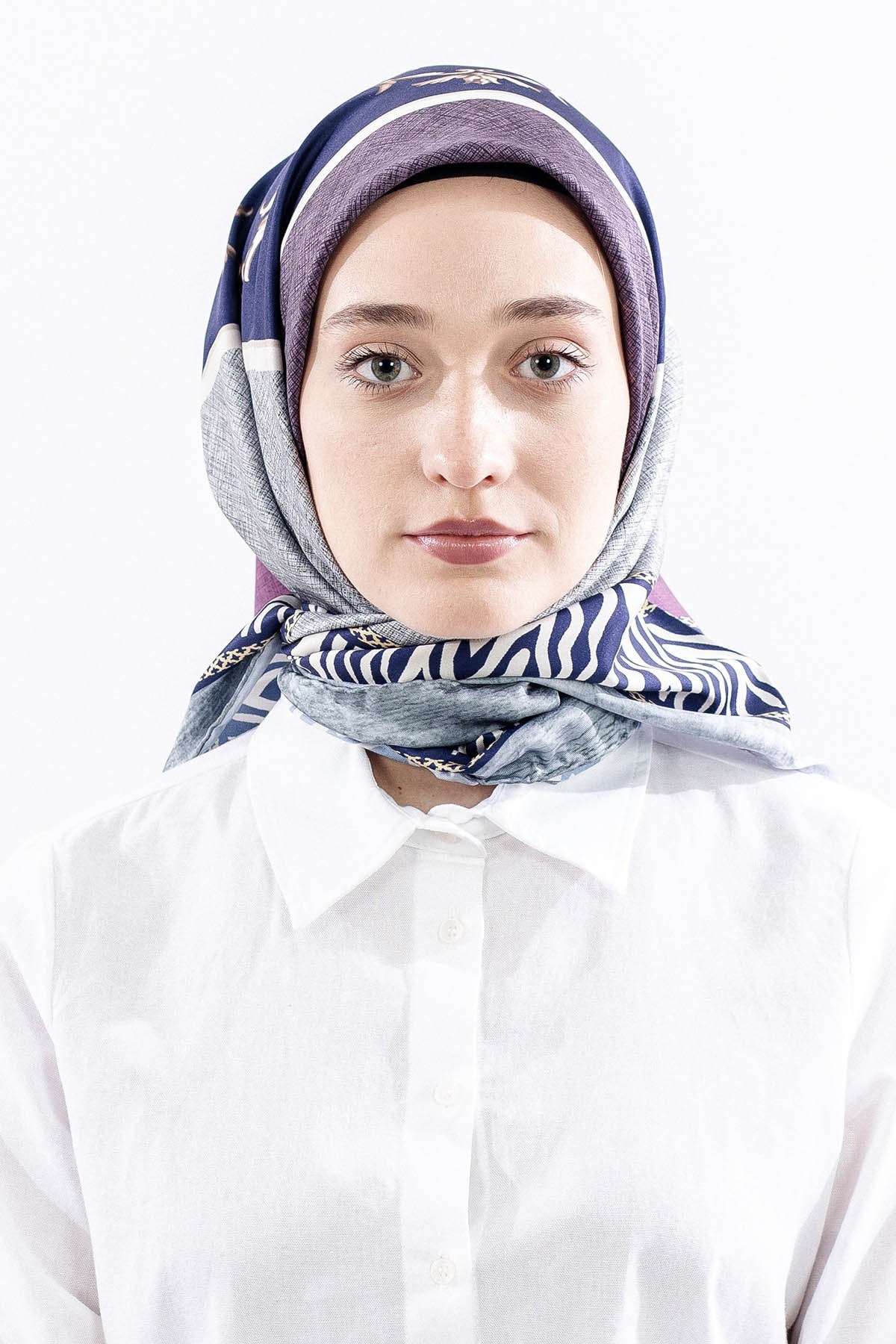 Dg14824 Eşarp Polyester Kumaş Zincir Desen - Lacivert Pudra