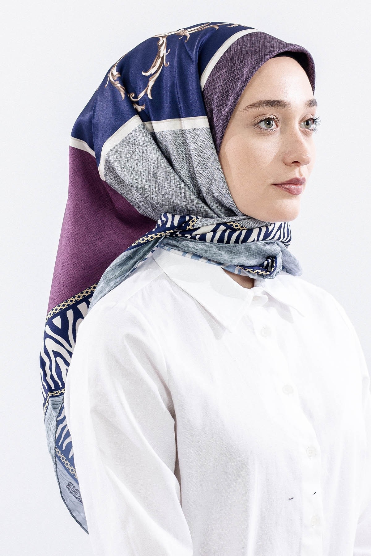 Dg14824 Eşarp Polyester Kumaş Zincir Desen - Lacivert Pudra