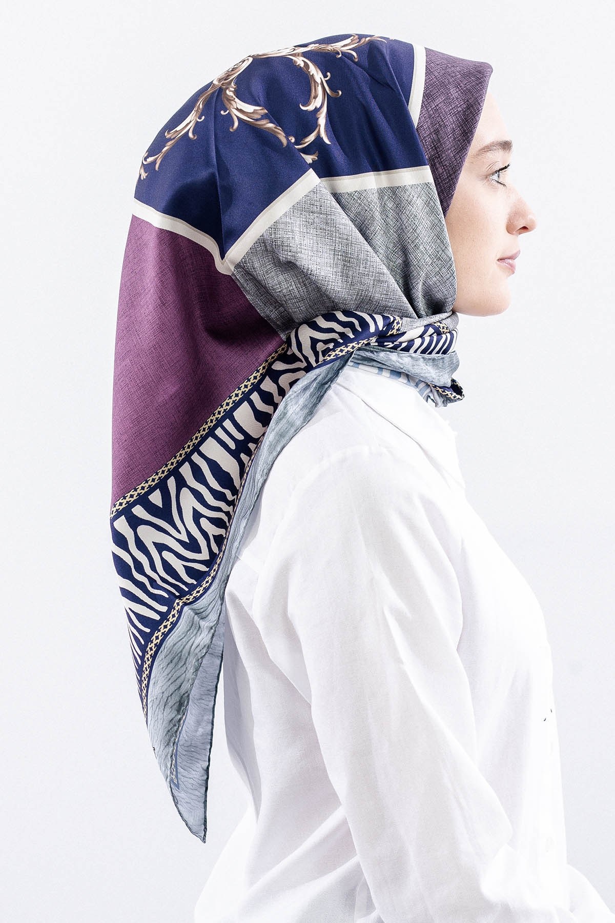 Dg14824 Eşarp Polyester Kumaş Zincir Desen - Lacivert Pudra