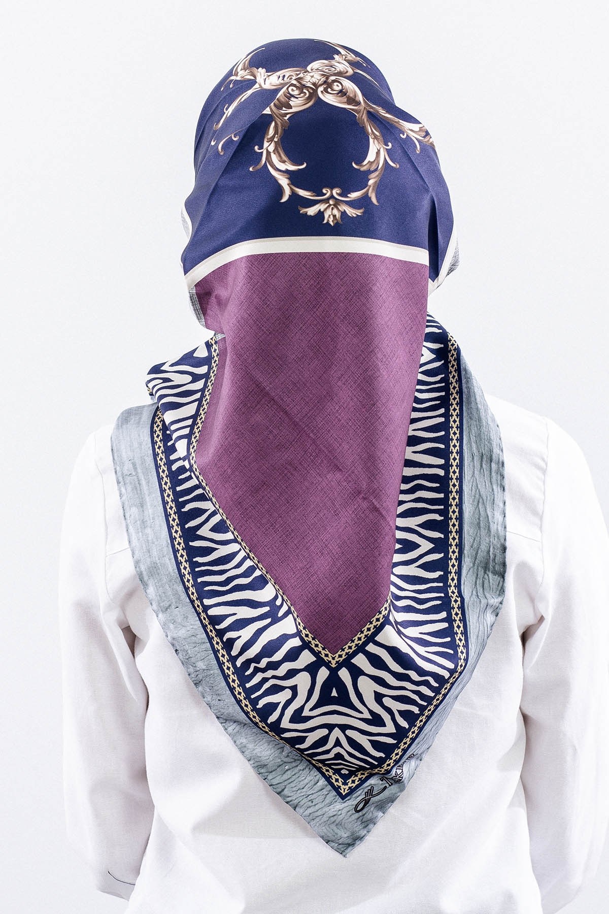 Dg14824 Eşarp Polyester Kumaş Zincir Desen - Lacivert Pudra