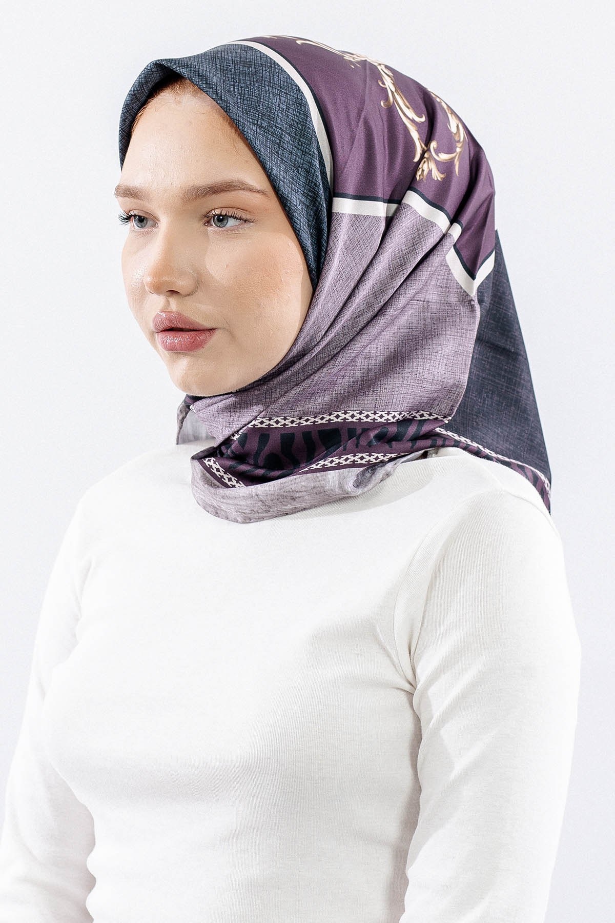 Dg14824 Eşarp Polyester Kumaş Zincir Desen - Mürdüm