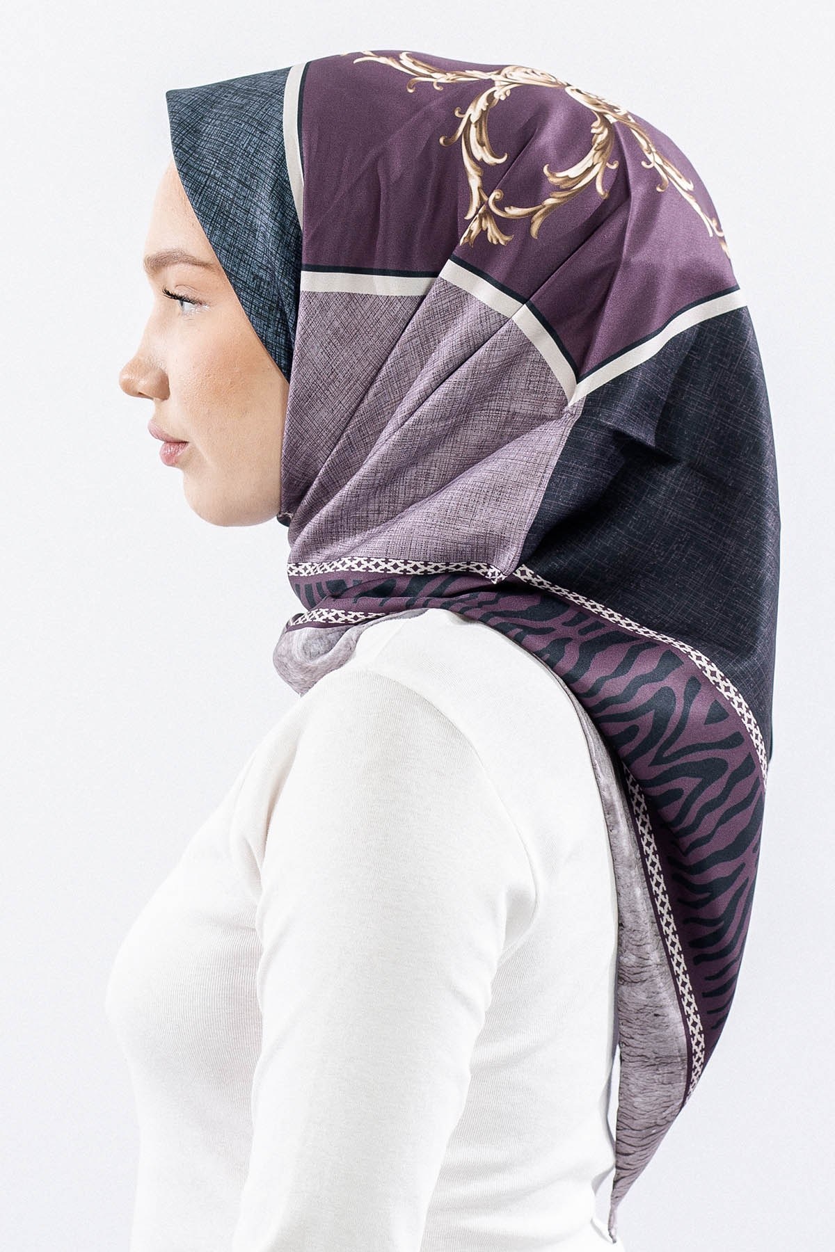 Dg14824 Eşarp Polyester Kumaş Zincir Desen - Mürdüm