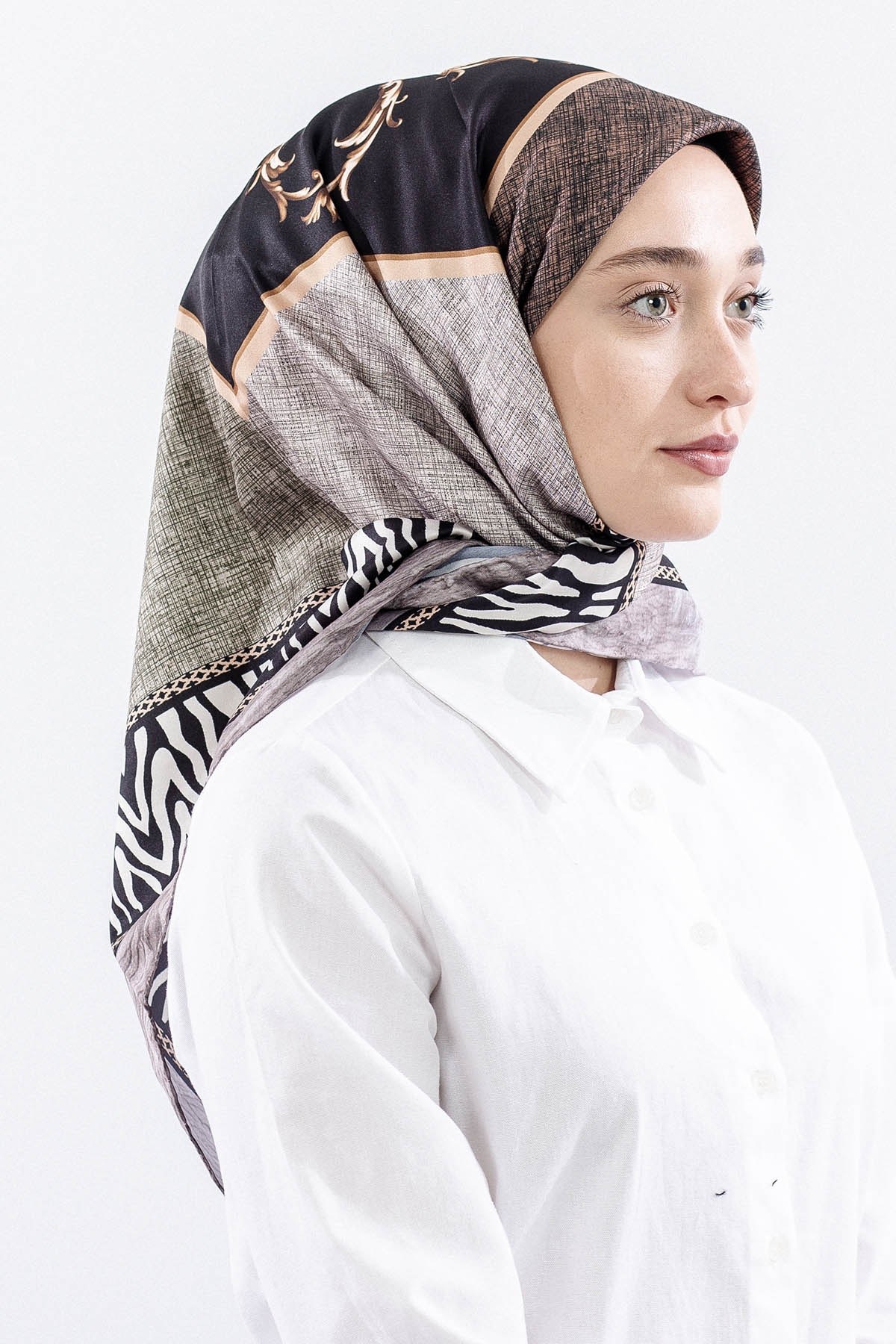 Dg14824 Eşarp Polyester Kumaş Zincir Desen - Siyah