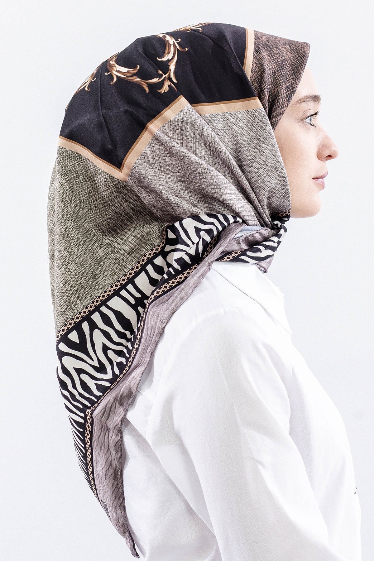 Dg14824 Eşarp Polyester Kumaş Zincir Desen - Siyah