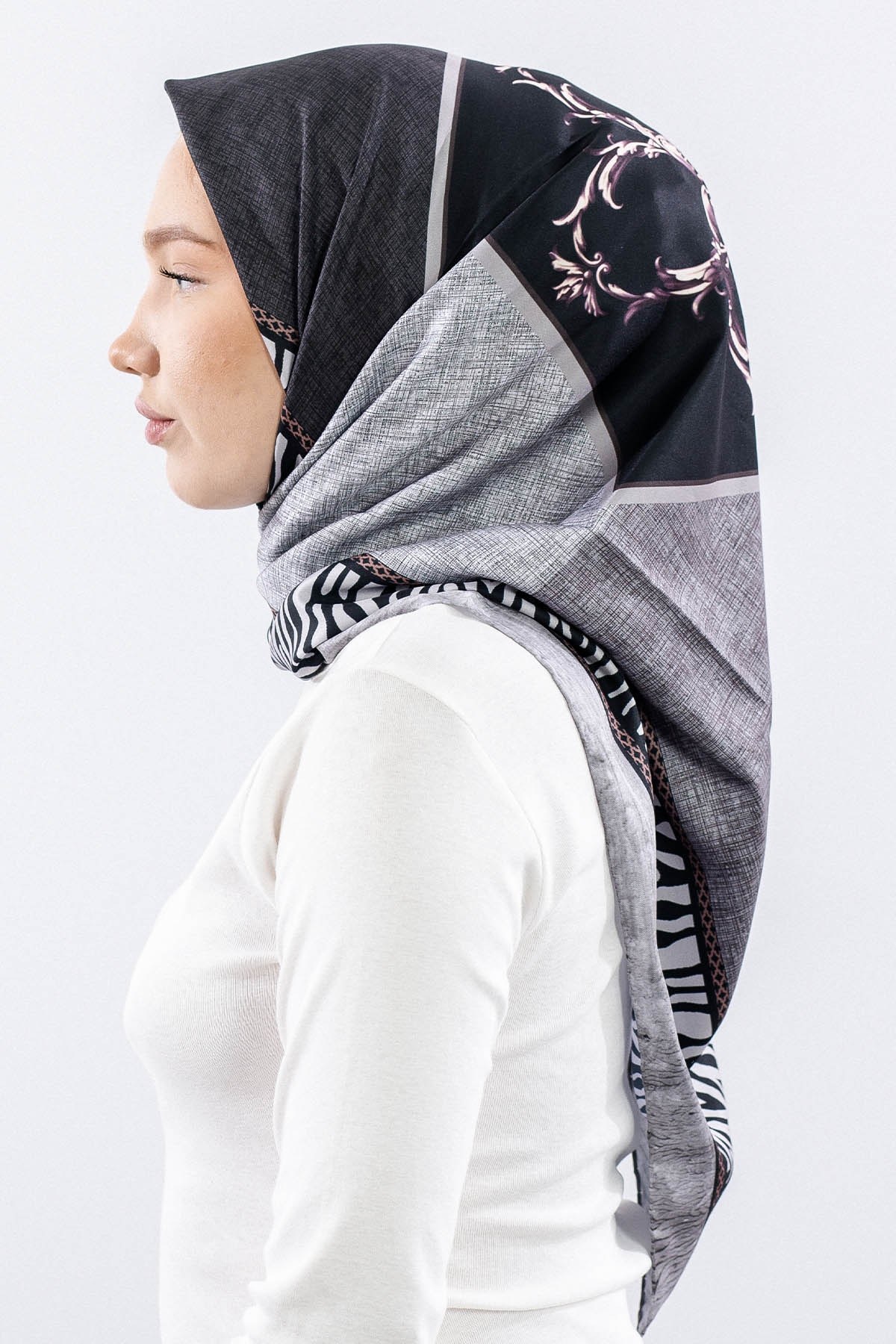 Dg14824 Eşarp Polyester Kumaş Zincir Desen - Siyah Gri