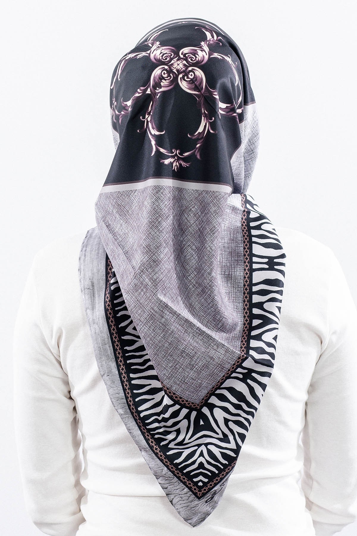 Dg14824 Eşarp Polyester Kumaş Zincir Desen - Siyah Gri