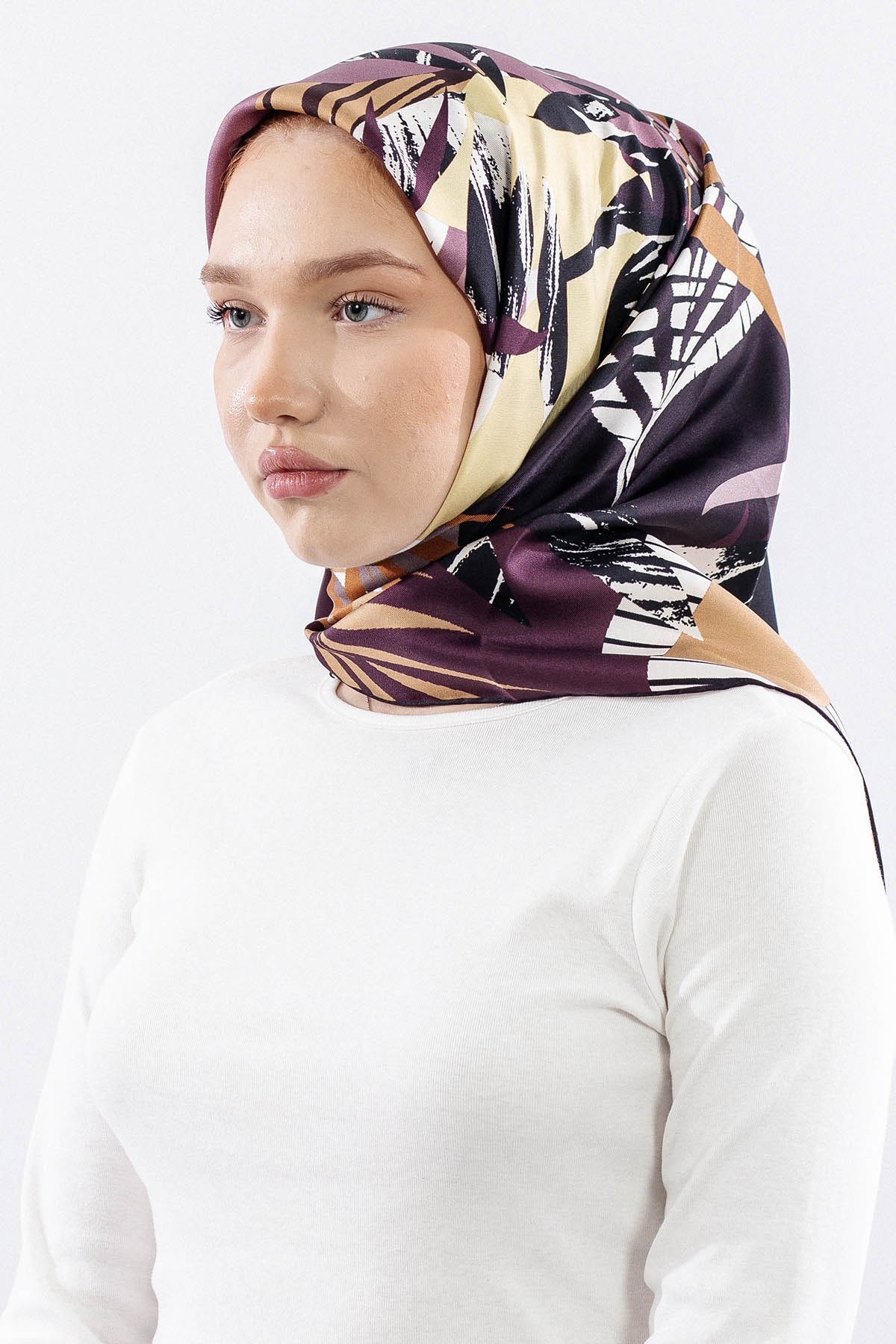 Dg14825 İpek Eşarp Palmiye Desen Twill Kumaş - Bordo