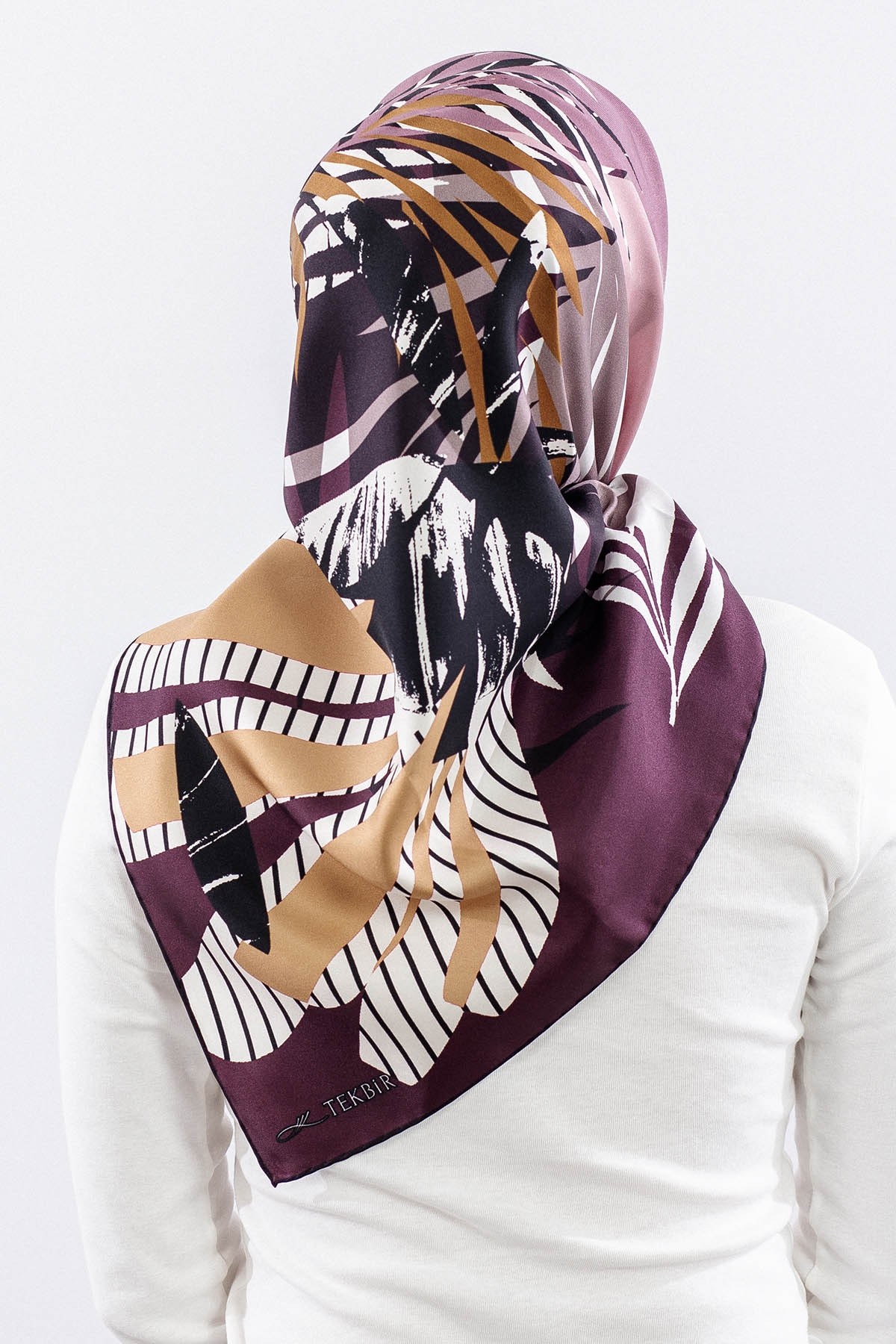 Dg14825 İpek Eşarp Palmiye Desen Twill Kumaş - Bordo