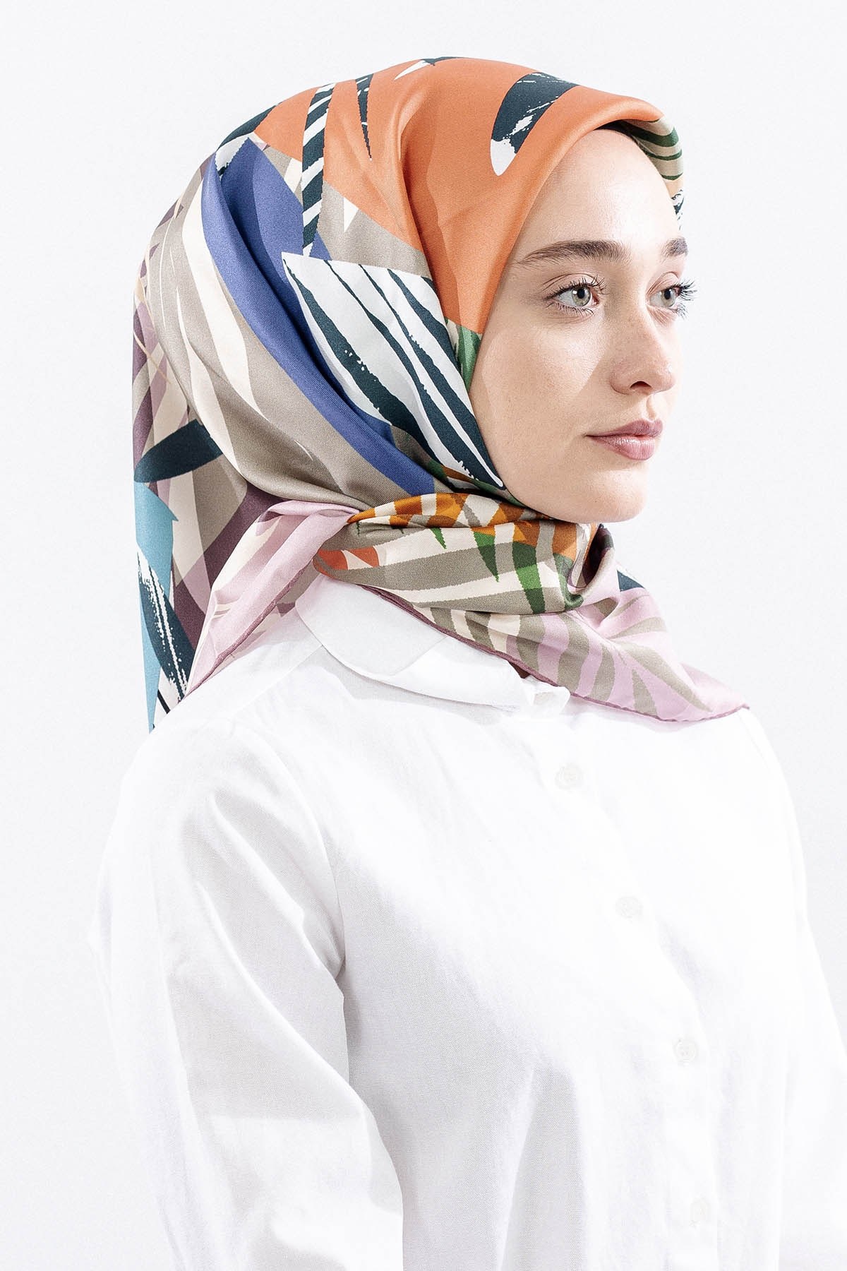Dg14825 İpek Eşarp Palmiye Desen Twill Kumaş - Pudra
