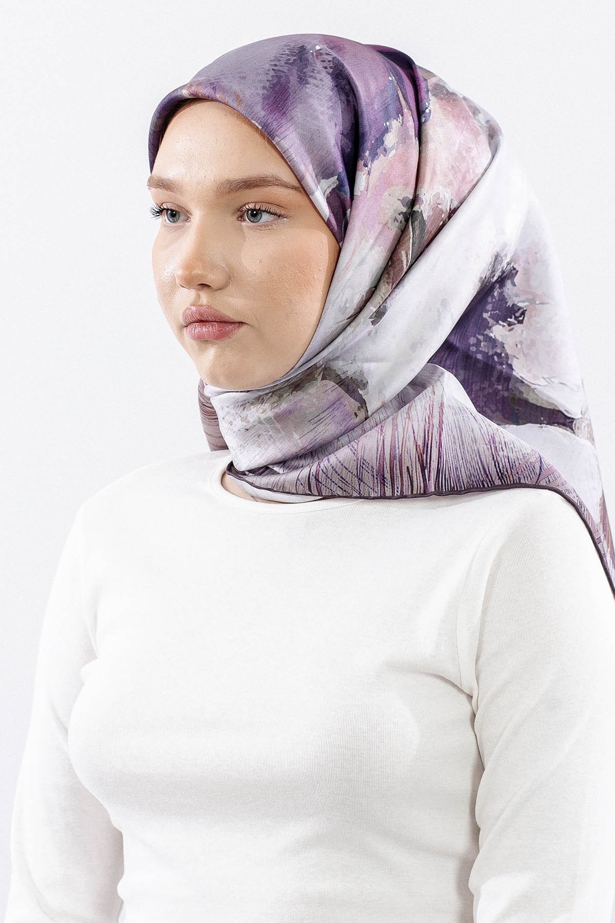 Dg14826 İpek Eşarp Flu Gül Twill Kumaş - Lila