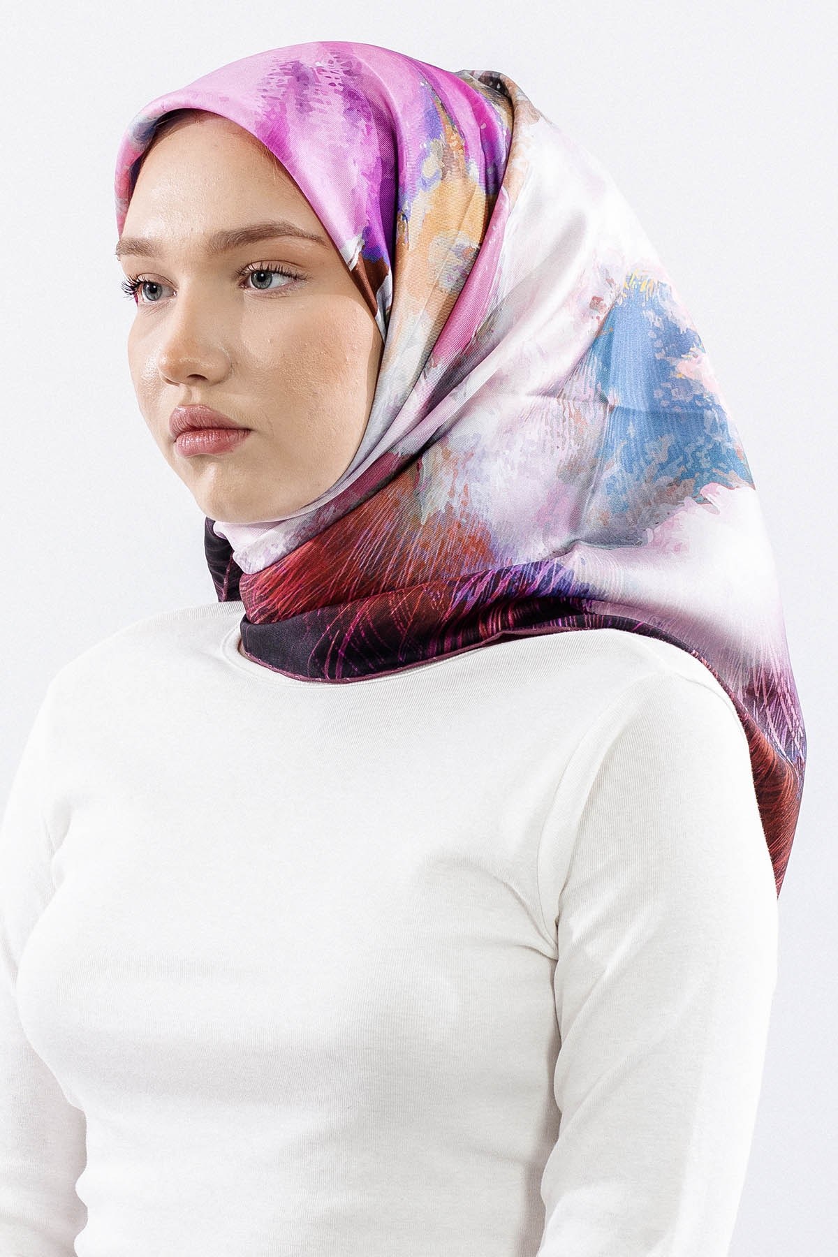 Dg14826 İpek Eşarp Flu Gül Twill Kumaş - Vişne